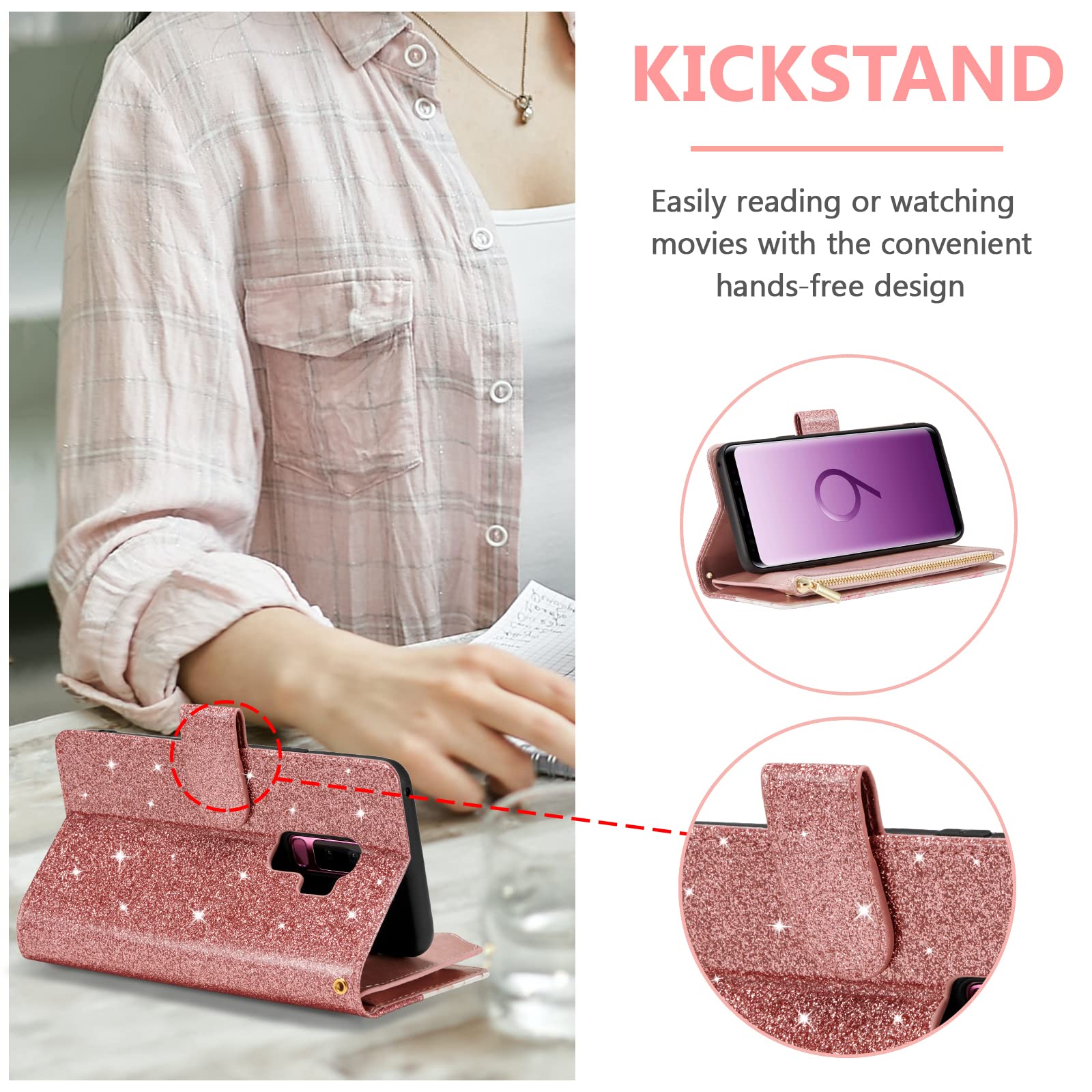 Premium PU Leather Wallet Case for Samsung Galaxy S9 Plus - Magnetic Closure, Zipper Pocket, Kickstand & Card Slots with Hand Strap | Stylish Flip Phone Case for Women | Perfect for Work, Travel & Everyday Use