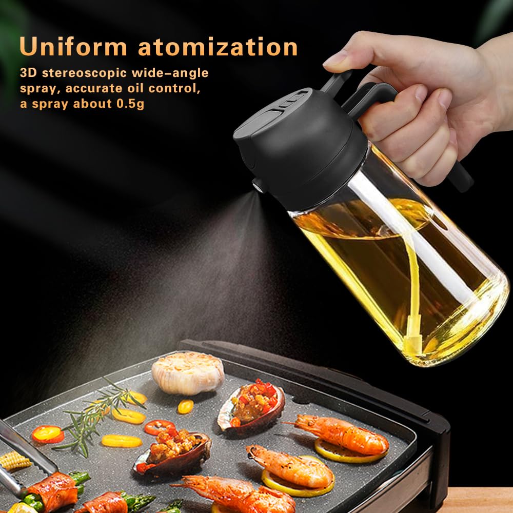 MGahyi 2-in-1 Glass Oil Sprayer & Dispenser - 470ml Kitchen Essential for Healthy Cooking | Perfect for Salad Dressing, Baking, Frying & Grilling | BPA-Free, Leak-Proof & Easy to Use (Black)