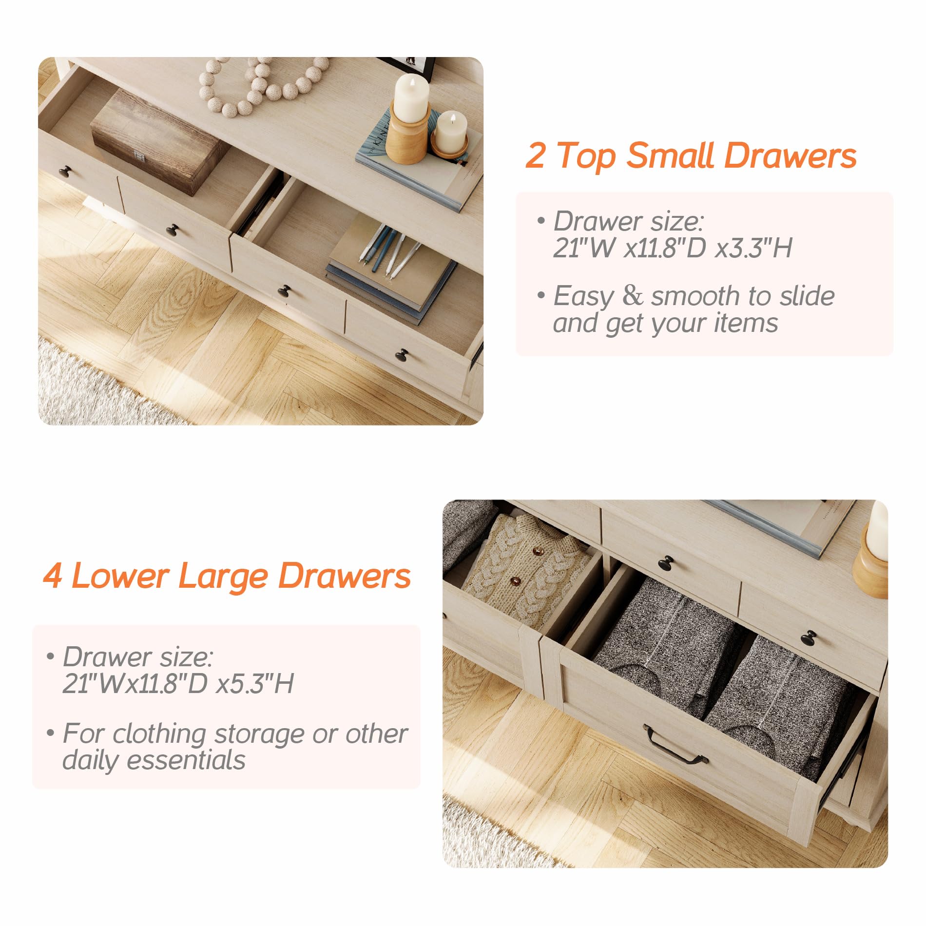 WAMPAT 6-Drawer Wooden Dresser for Bedroom - Solid Wood Legs Kids Chest of Drawers - Storage Organizer for Living Room & Entryway - Elegant Beige Dresser for Home Decor & Clothes Organization