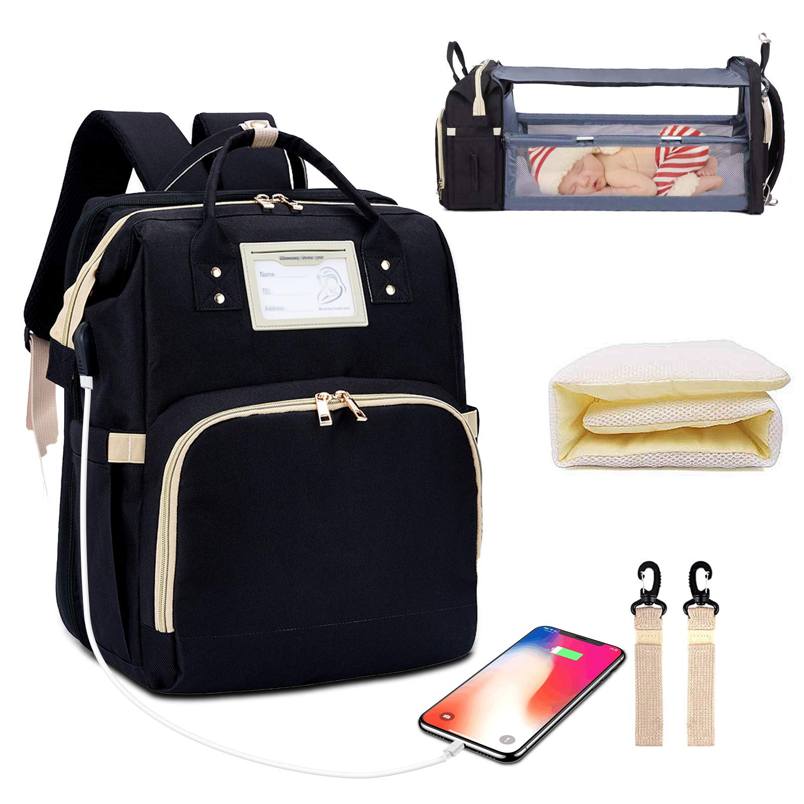 **Multifunctional Diaper Bag Backpack with Foldable Changing Station & Portable Baby Bed – Large Capacity, USB Charging Port – Perfect for Travel, Shopping, Camping & Outdoor Activities**