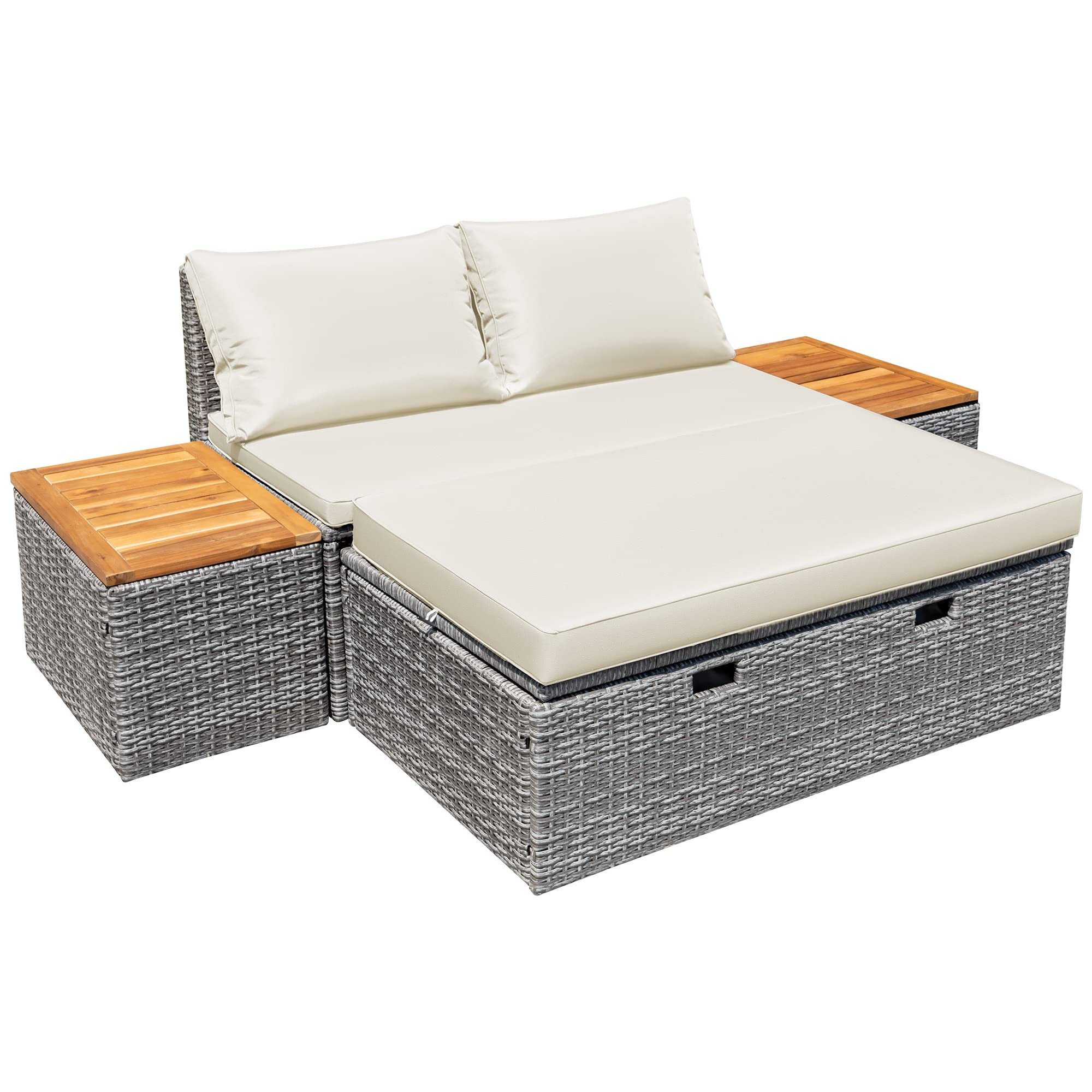 Devoko Outdoor Daybed Set - Multifunctional Patio Lounge Bed with 2 Side Tables, Wicker Rattan Furniture for Backyard, Porch, Poolside, Lawn & Beach (Beige White) - Perfect for Sunbathing, Relaxing & Outdoor Entertaining