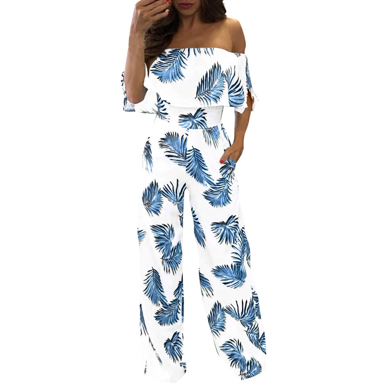 Eaktool Women's Off Shoulder Floral Leaf Printed Jumpsuit - Casual Loose Playsuit with Sparkly Capelet for Fall | Perfect for Date Nights, Parties & Outdoor Events