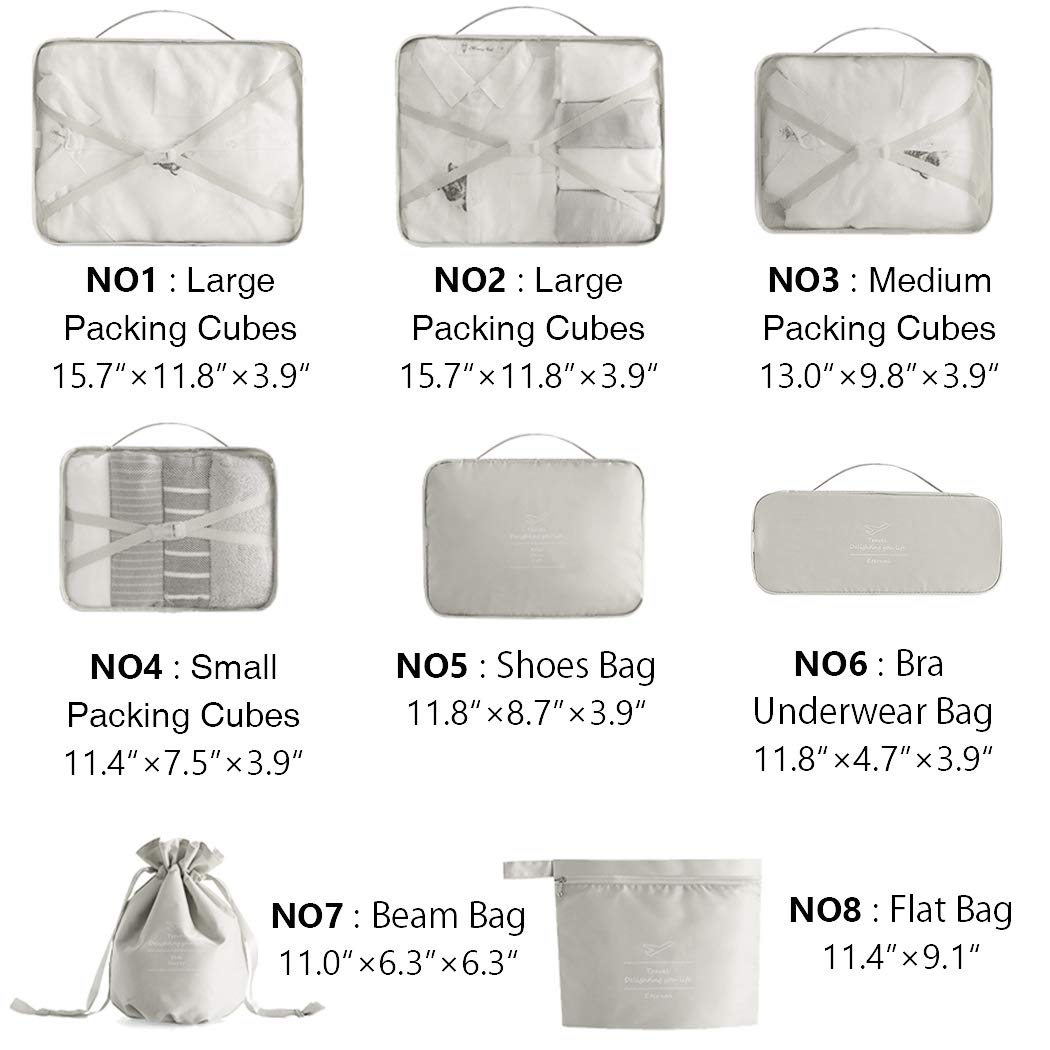 8-Piece Packing Cubes Set - Travel Organizer for Clothes, Shoes & Cosmetics | Perfect for Suitcase Organization & Business Trips