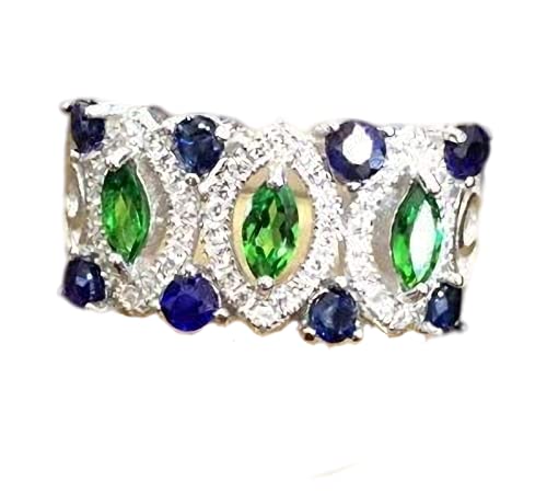 Natural Green Tsavorite & Blue Sapphire Sterling Silver Ring - Handmade Art Deco Engagement, Wedding, Cocktail Statement Jewelry for Women - Perfect for Anniversaries, Proposals & Special Occasions
