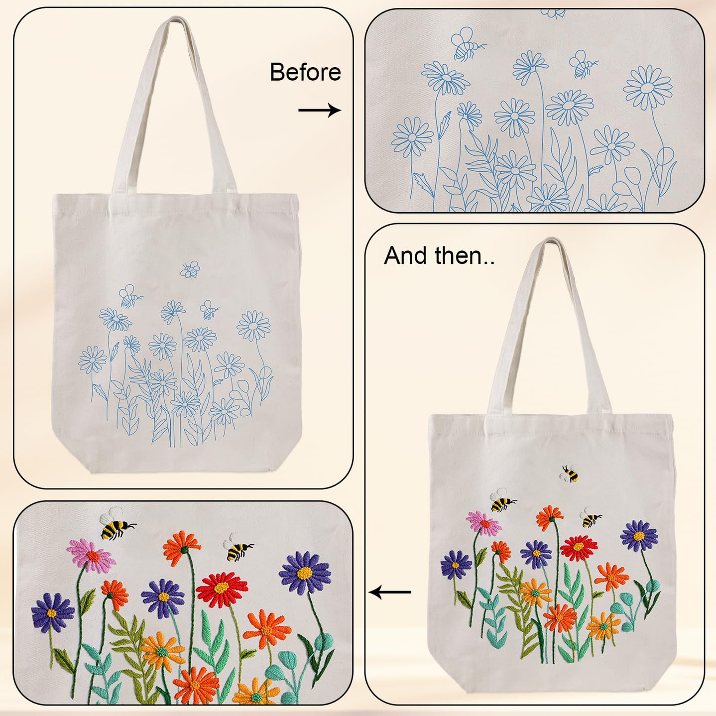 Louise Maelys Beginner Embroidery Kit - DIY Cross Stitch Tote Bag with Floral Pattern, Needlepoint Craft Set Includes Hoop & Instructions | Perfect for Adults Arts & Crafts, Home Decor, Gift Making
