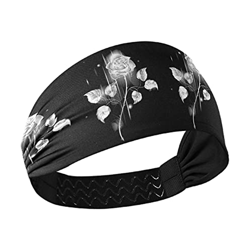 Silver White Rose Flower Black Women's Headbands - Stretchy Breathable Yoga Headband for Workouts, Exercise & Sports - Sweat Wicking Hair Bands & Head Wraps - Perfect for Running, Gym, Yoga & Outdoor Activities