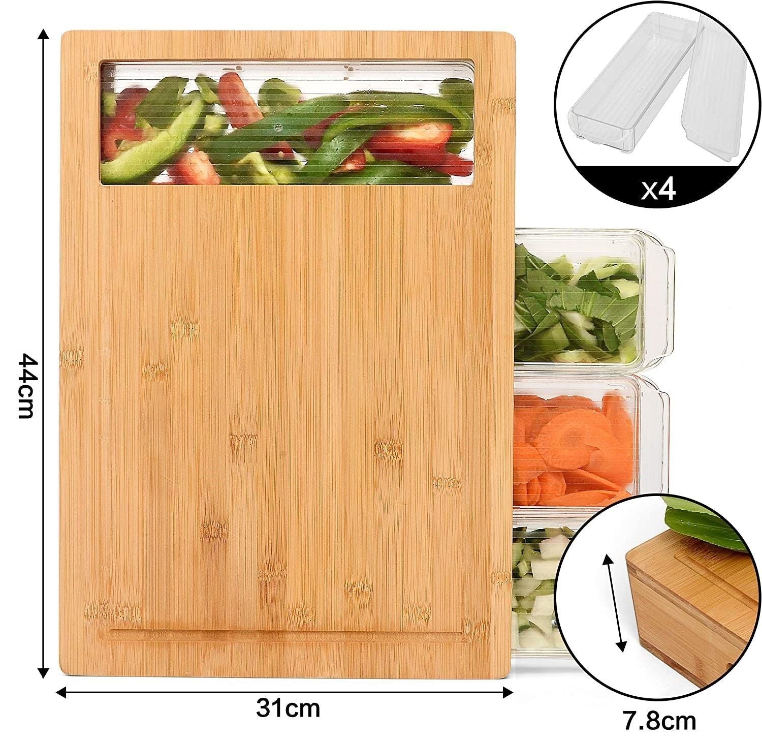 Premium Bamboo Cutting Board Set with 4 Airtight Containers & Mobile Holder - Eco-Friendly Kitchen Organizer for Meal Prep, Entertaining & Home Cooking Gifts