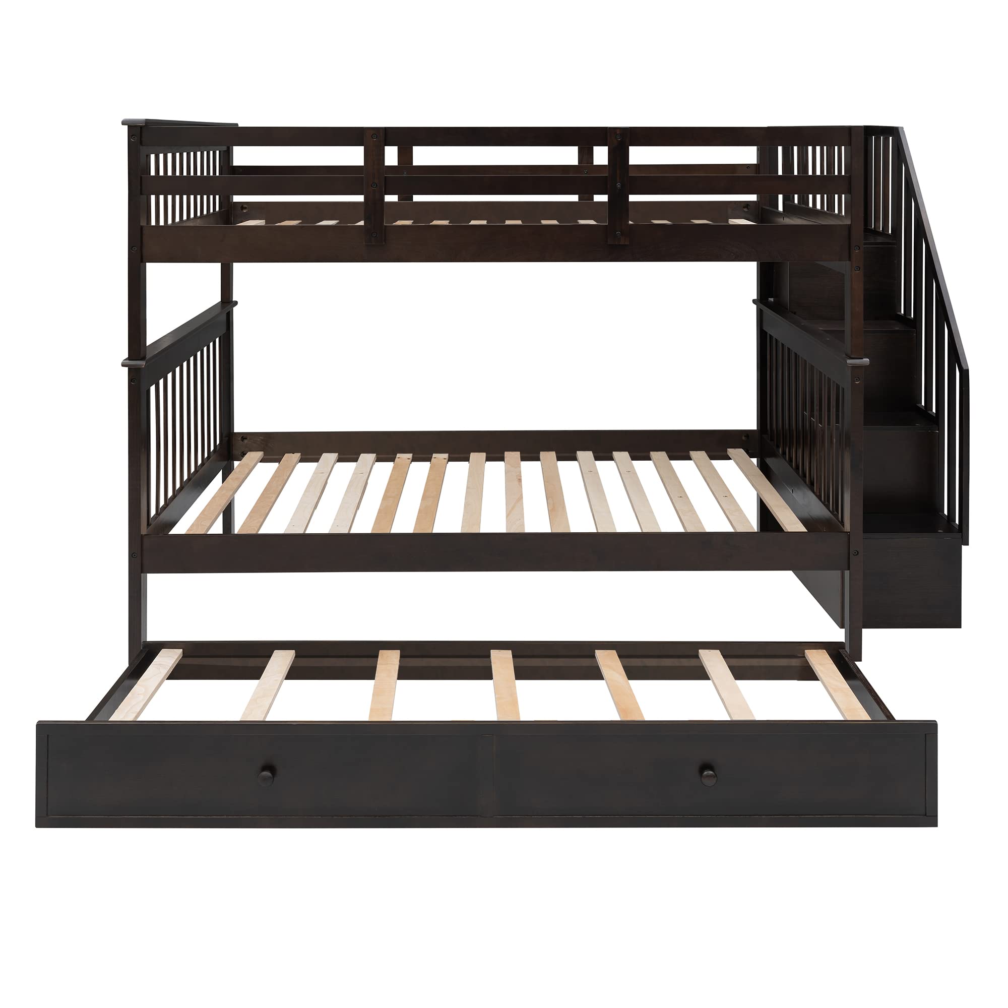 MERITLINE Full Over Full Wooden Bunk Bed Frame with Trundle & Stairs - Convertible Kids Bunk Bed in Espresso Finish | Space-Saving Twin Bunk for Bedrooms, Guest Rooms & Vacation Homes