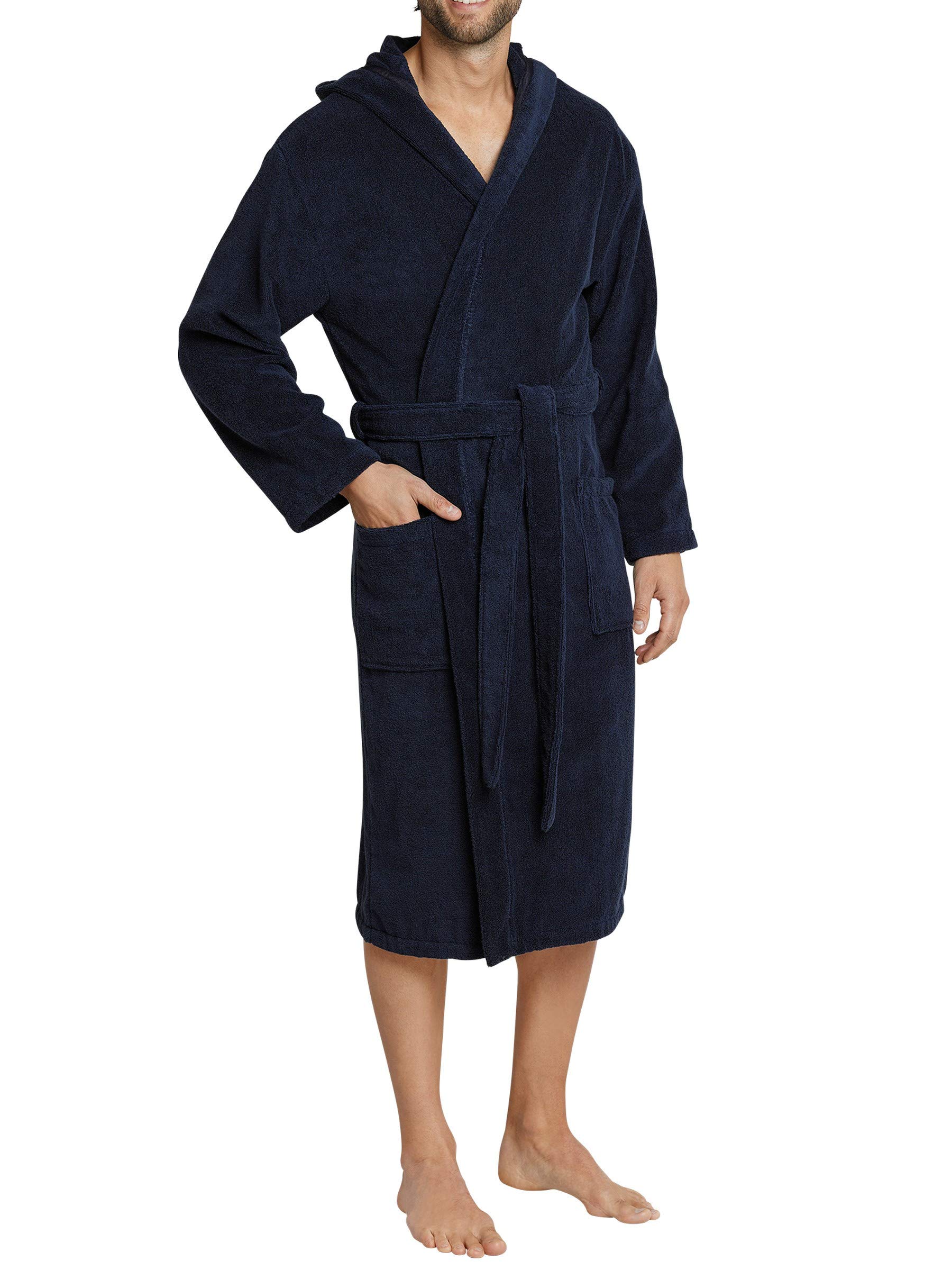 Men's Cotton Hooded Bathrobe - Soft & Absorbent Navy Blue Beach Robe for Spa, Pool & Lounge - Size S