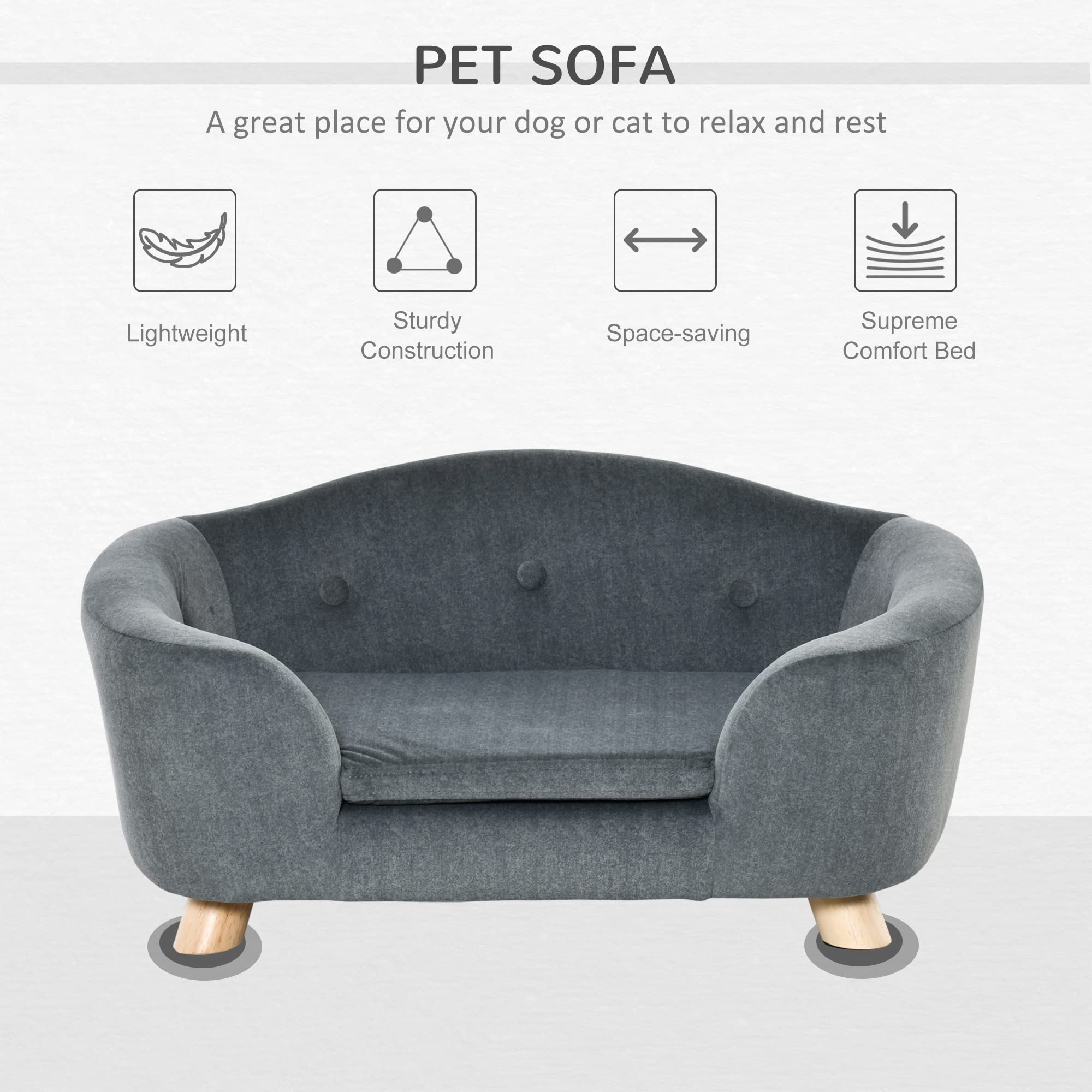 PawHut Small Dog Sofa Bed - Washable Removable Cushion & Waterproof Cover - Cozy Pet Bed for Small Dogs & Cats - Perfect for Living Room, Bedroom & Pet Nursery (Gray)