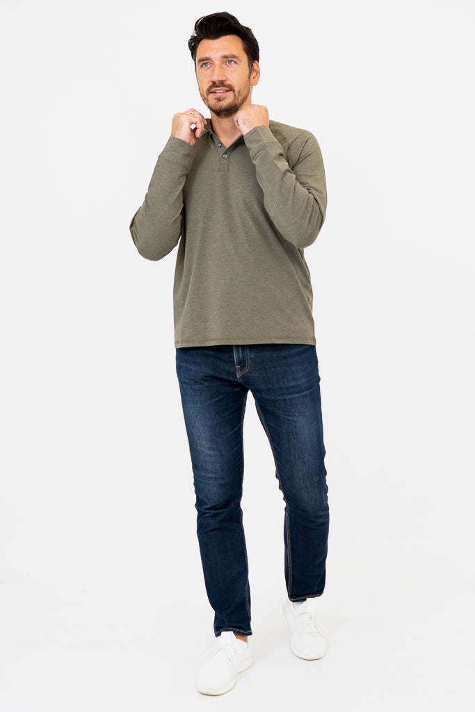 Men's Henley Shirt - Yarn-Dyed Khaki Bamboo Fabric - Casual Wear for Outdoor Activities & Everyday Comfort
