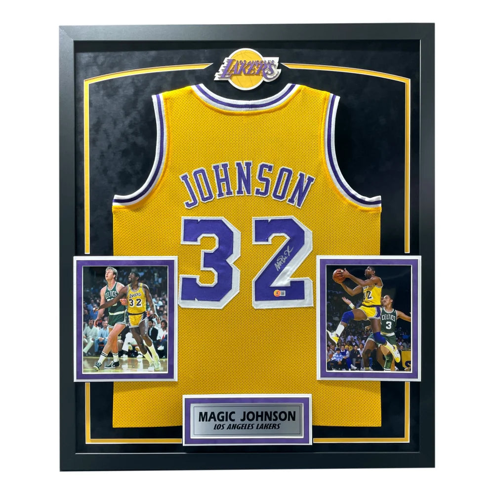 Magic Johnson Autographed Los Angeles Lakers Jersey - Framed NBA Memorabilia with BAS Beckett COA - Perfect for Sports Collectors, Man Cave Decor & Lakers Fan Gifts