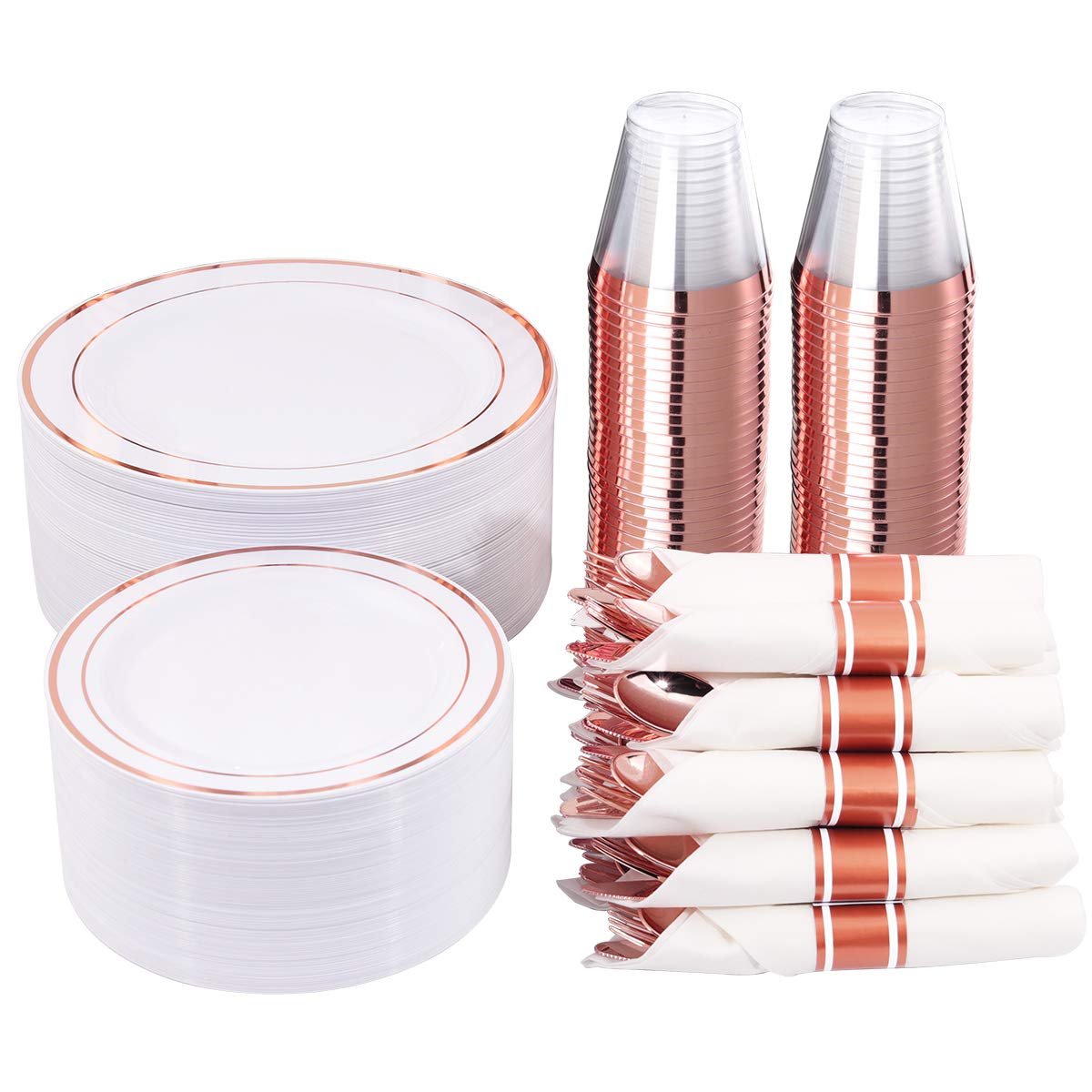 WELLIFE 350-Piece Rose Gold Plastic Dinnerware Set - 50 Disposable Plates, Forks, Knives, Spoons & Cups with 50 Pre-Rolled Napkins - Elegant Wedding, Bridal Shower, Birthday Party & Event Tableware for 50 Guests