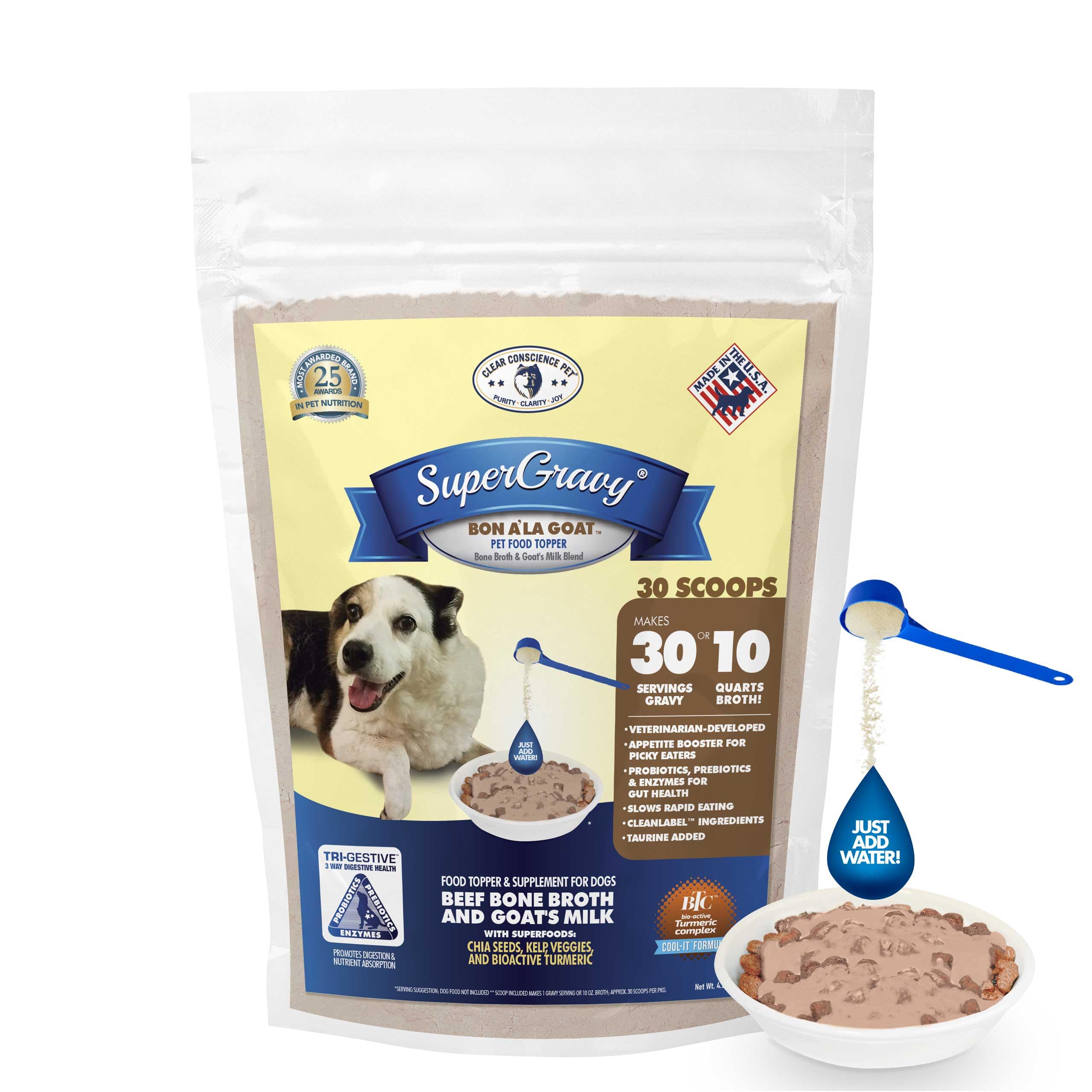 SuperGravy Bon A’ La Goat Natural Dog Food Topper - Beef Bone Broth & Goat Milk Gravy for Dogs - Grain Free, Gluten Free Supplement (60 Scoops, White) | Perfect for Picky Eaters & Senior Dogs Meal Enhancer