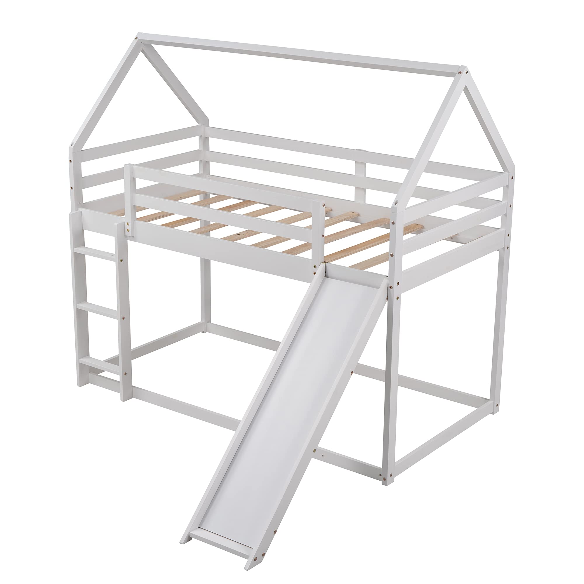 P PURLOVE Twin Over Twin Wooden House Bunk Bed with Slide & Ladder - Low Floor Kids Bunk Bed with Roof for Bedroom, Playroom or Living Room - Perfect for Children & Teens Sleep and Play