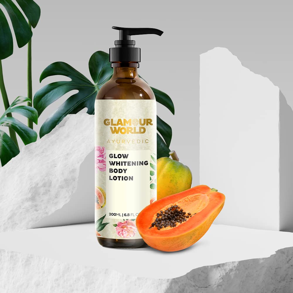 Glamour World Ayurvedic Glow Body Lotion for Skin Whitening & Moisturizing - Enriched with Neem, Rose, Turmeric, Papaya & Lavender Oil - Brightens Skin Tone, Keeps Skin Soft & Glowing - Perfect for Daily Skincare Routine & Radiant Complexion