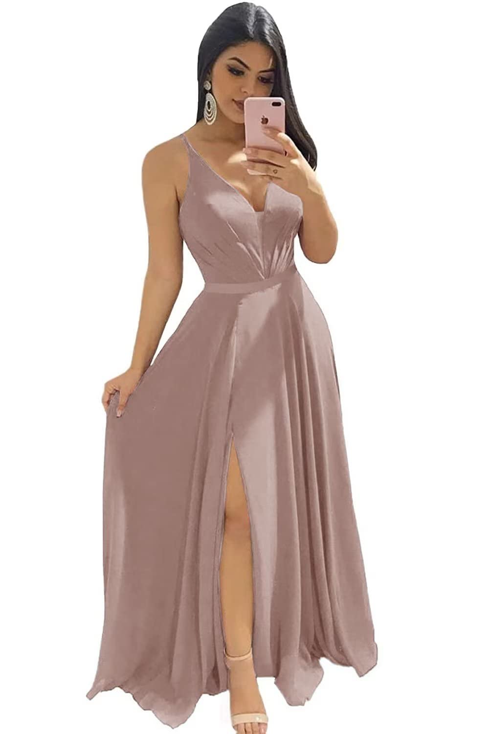 Verngo Elegant Chiffon Bridesmaid Dresses for Women - Long V-Neck Formal Gown with High Slit for Weddings, Parties & Special Occasions