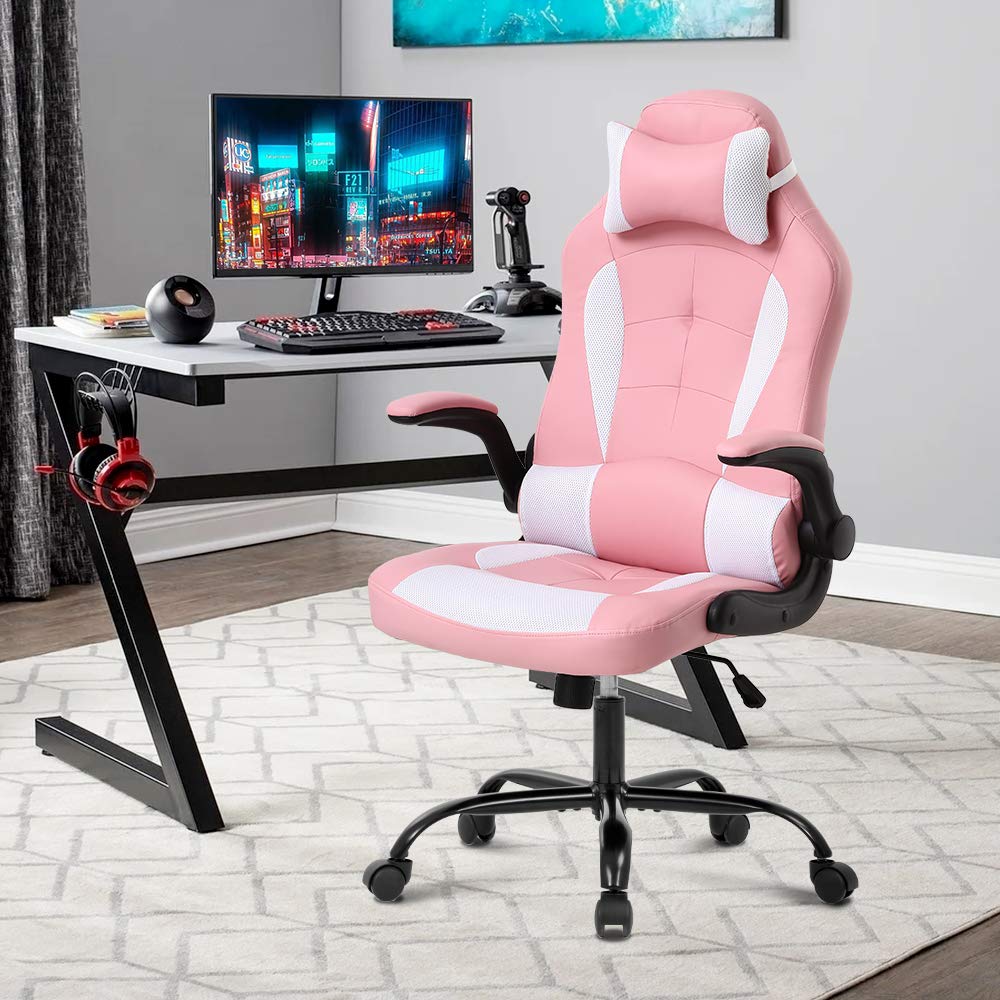 Ergonomic Gaming Chair with Headrest & Lumbar Support - High Back PU Leather Racing Style Computer Chair with Flip-up Arms, Adjustable Height - Perfect for PC Gaming, Home Office & Esports (Pink)