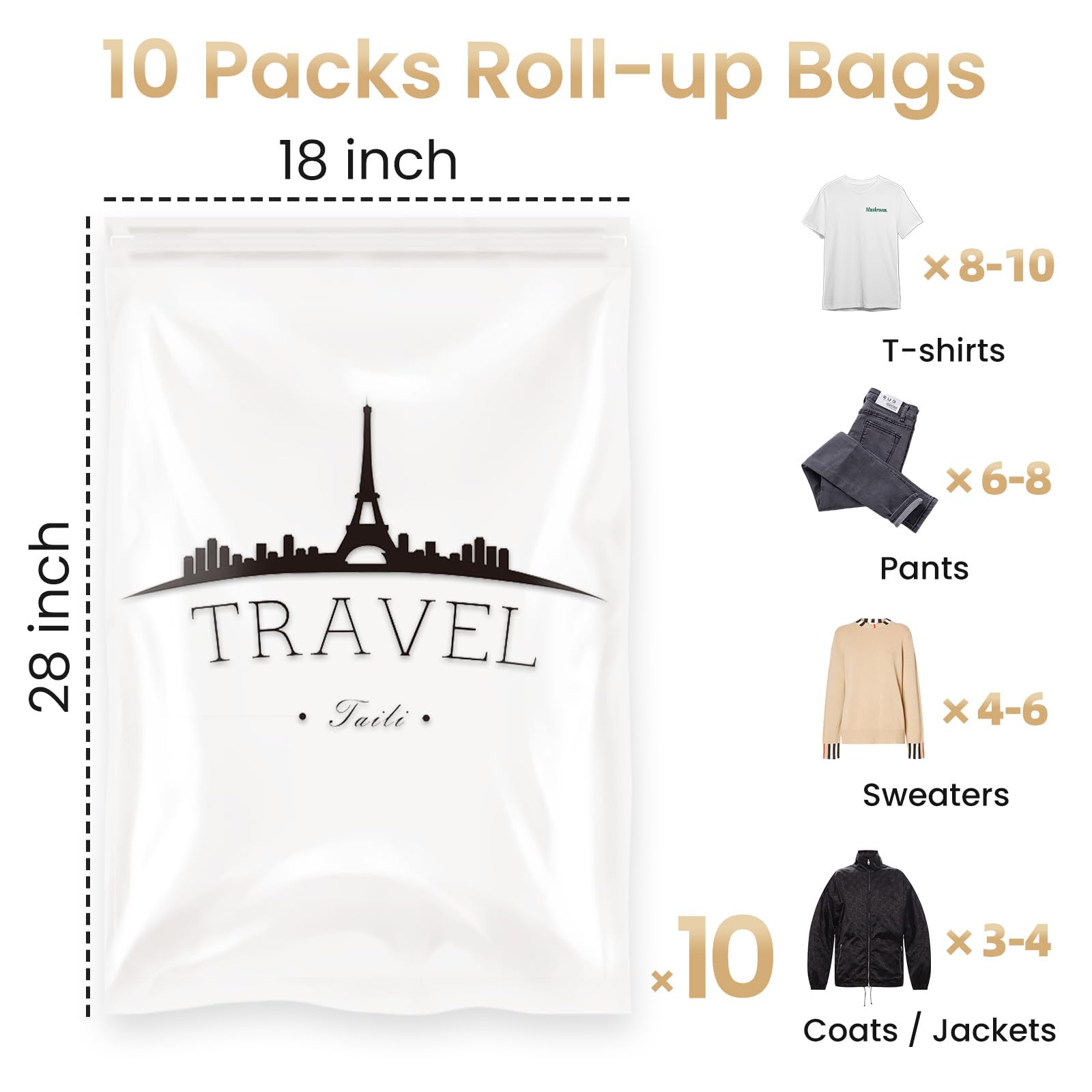 TAILI 10-Pack Reusable Vacuum Storage Bags for Clothes & Bedding (40x60cm) - Space Saving Travel & Moving Storage Solution | Saves 80% Space | Perfect for Closet Organization, Seasonal Storage & Home Moving