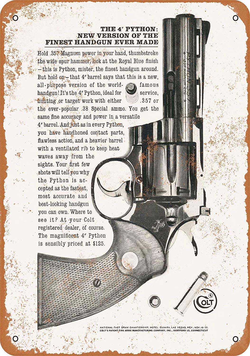 Vintage 1960 Colt Python .357 Magnum Metal Tin Sign - Retro 8x12 Wall Decor for Man Cave, Bar, Garage & Office - Jeremy Mann Inspired Artwork