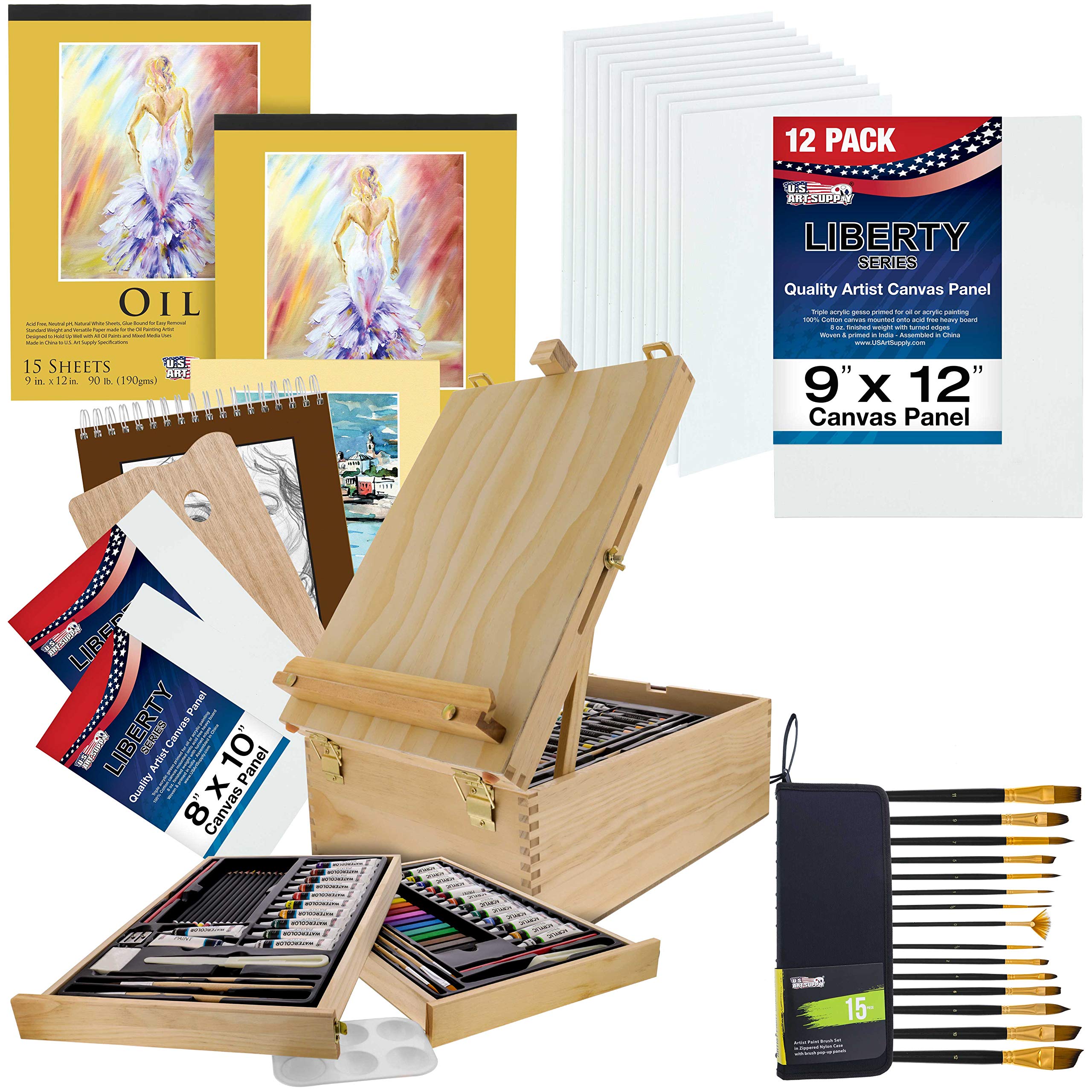 U.S. Art Supply 124-Piece Wooden Box Painting Set - Professional Oil, Acrylic & Watercolor Paints with Brushes, Pastels, Pencils, Sketch Pads & Canvas - Perfect for Artists, Students & Hobbyists - Ideal for Studio, Classroom & Outdoor Painting