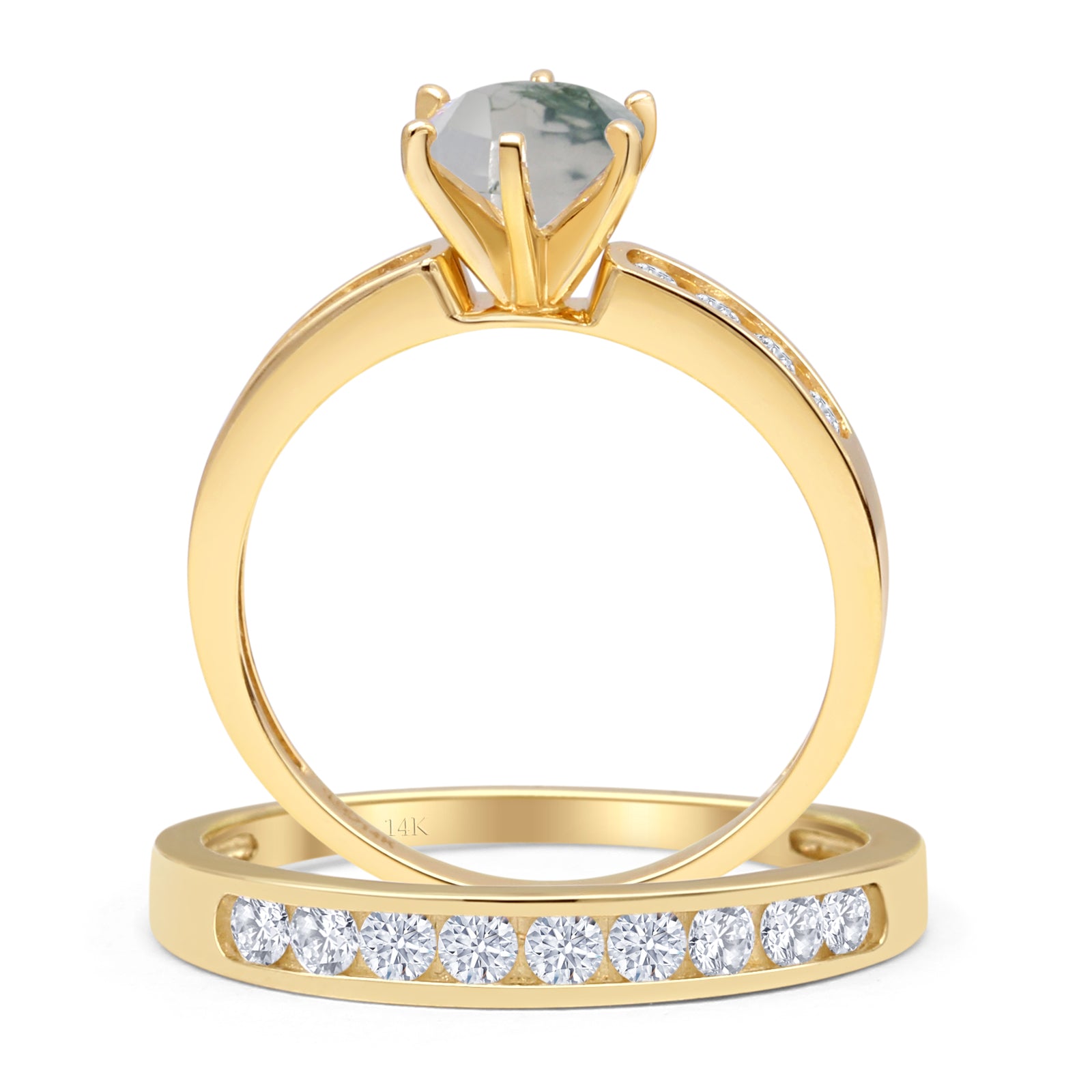 14K Yellow Gold Two-Piece Half Eternity Band Ring with Round Natural Green Moss Agate - Elegant Cathedral Setting for Wedding, Anniversary & Special Occasions