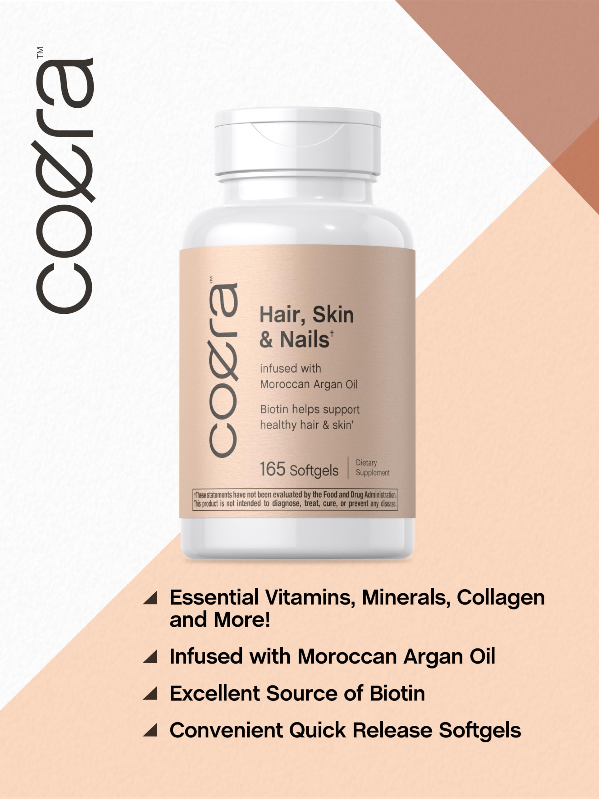 Coera Hair, Skin and Nails Vitamins with Biotin, Collagen & Moroccan Argan Oil - 165 Softgels | Non-GMO, Gluten Free Supplement for Men & Women | Promotes Healthy Hair Growth, Strong Nails & Radiant Skin | Perfect for Daily Beauty Routine & Wellness Support