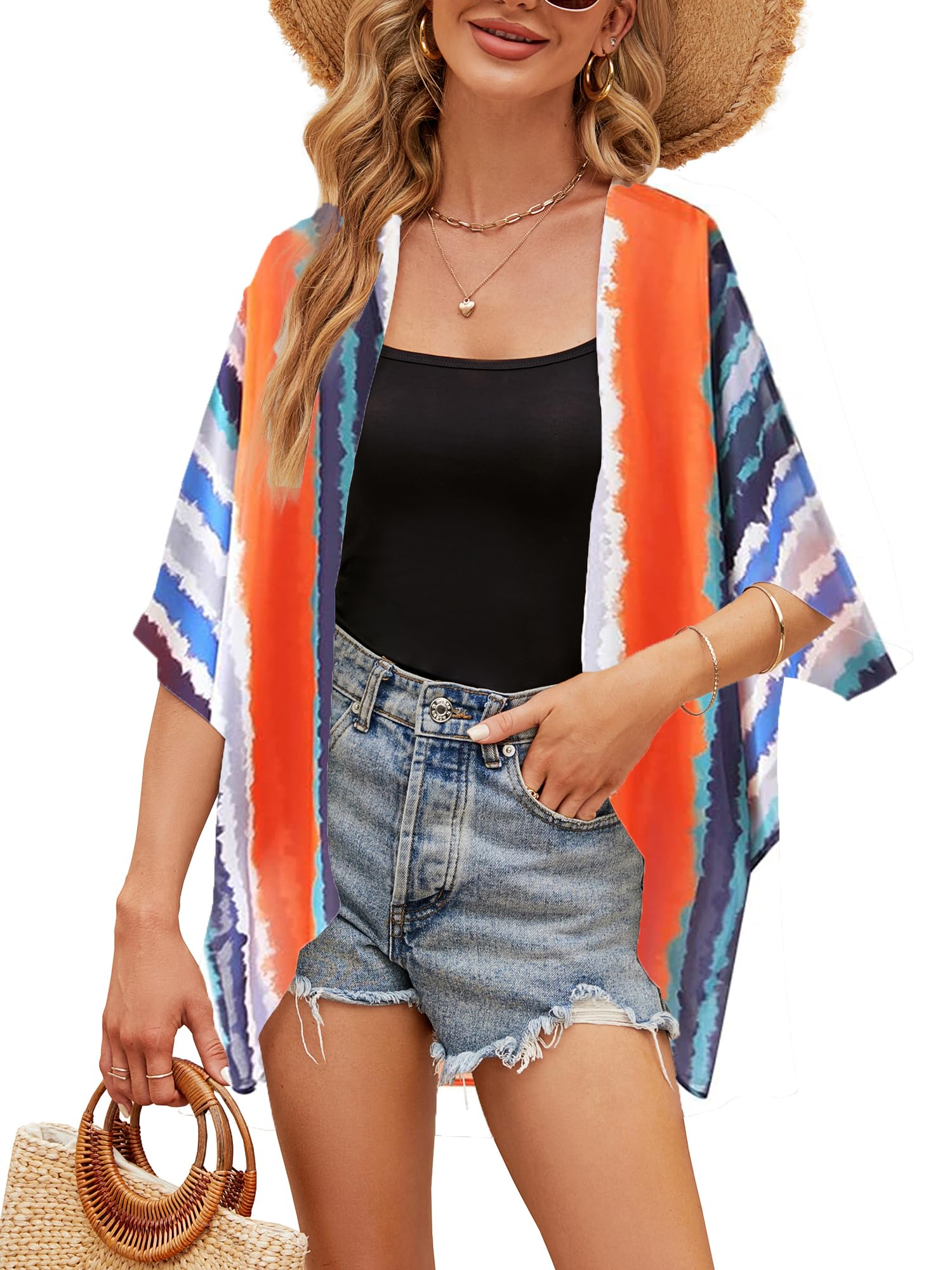 Chunoy Women's Lightweight Chiffon Kimono Cardigan - Short Sleeve Open Front Cover Up for Beach, Pool, Summer Outfits & Boho Fashion