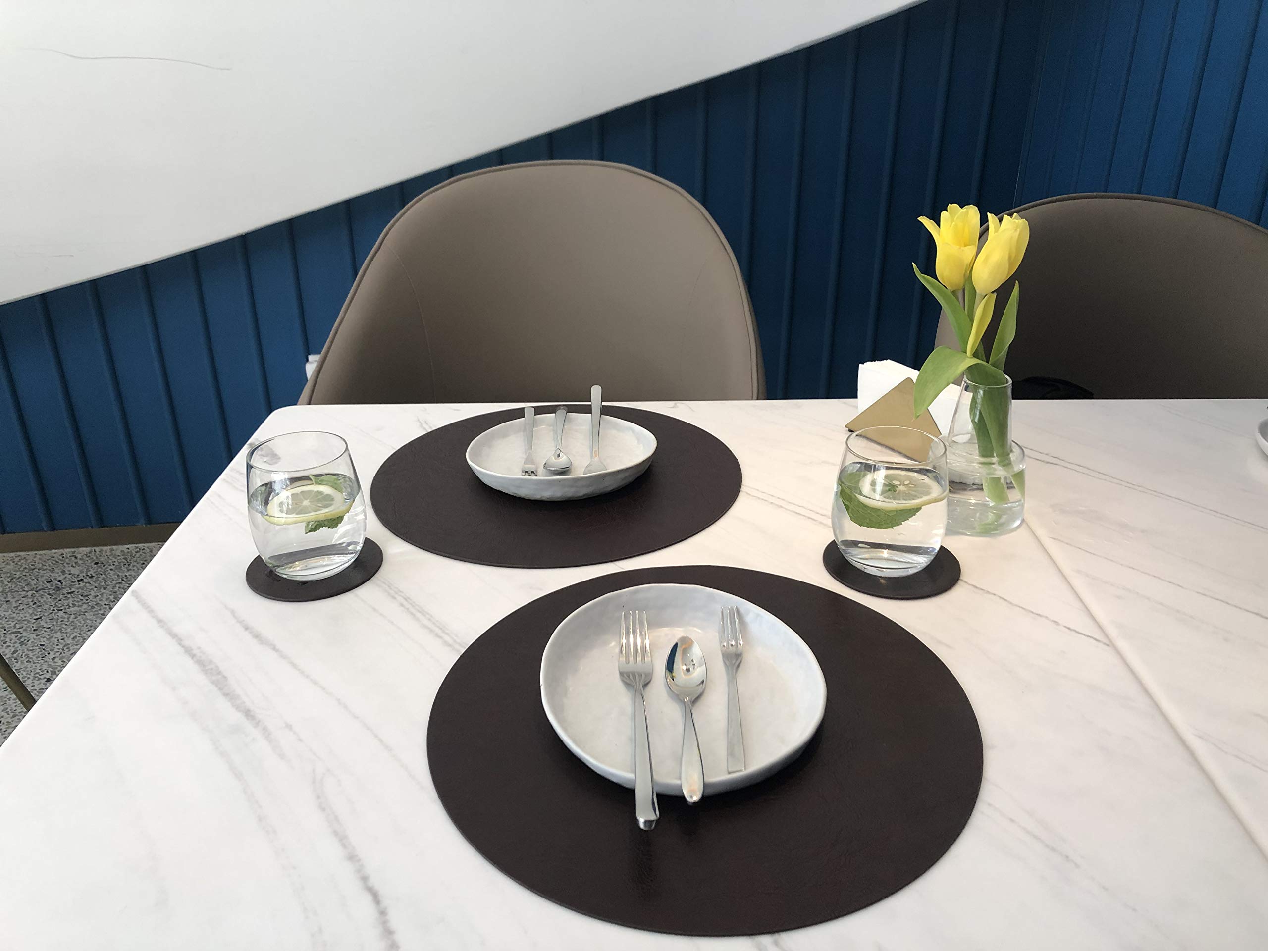 8-Piece Faux Leather Round Placemats and Coasters Set - Waterproof, Stain-Resistant Table Mats for Kitchen & Dining Room - Perfect for Coffee Tables, Dinner Parties, and Everyday Use