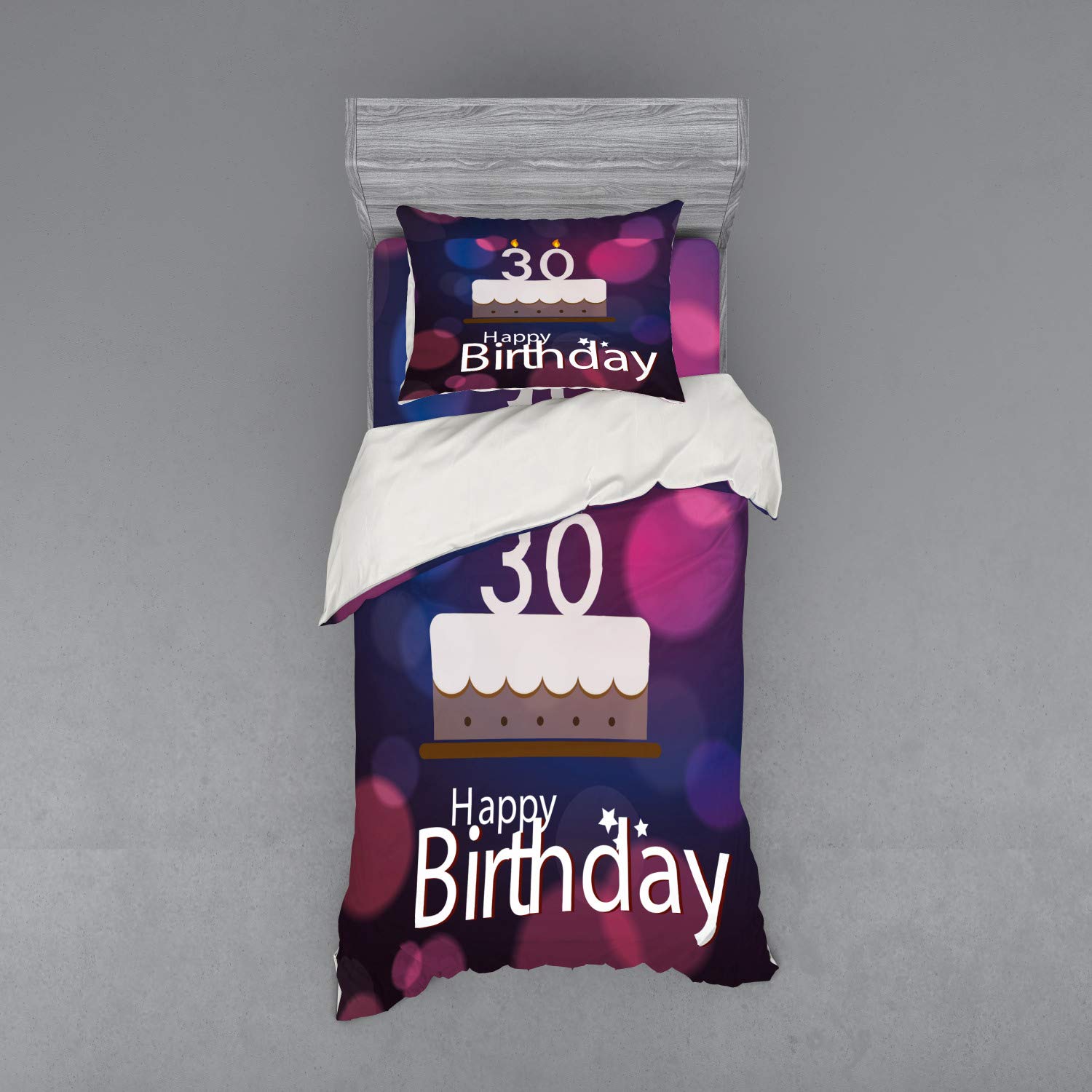 Ambesonne 30th Birthday Duvet Cover Set - Twin XL Size 3 Piece Bedding with Sham & Fitted Sheet - Pink Navy Blue White Abstract Bokeh Cake Design - Perfect for Birthday Parties, Bedroom Decor & Gift Giving