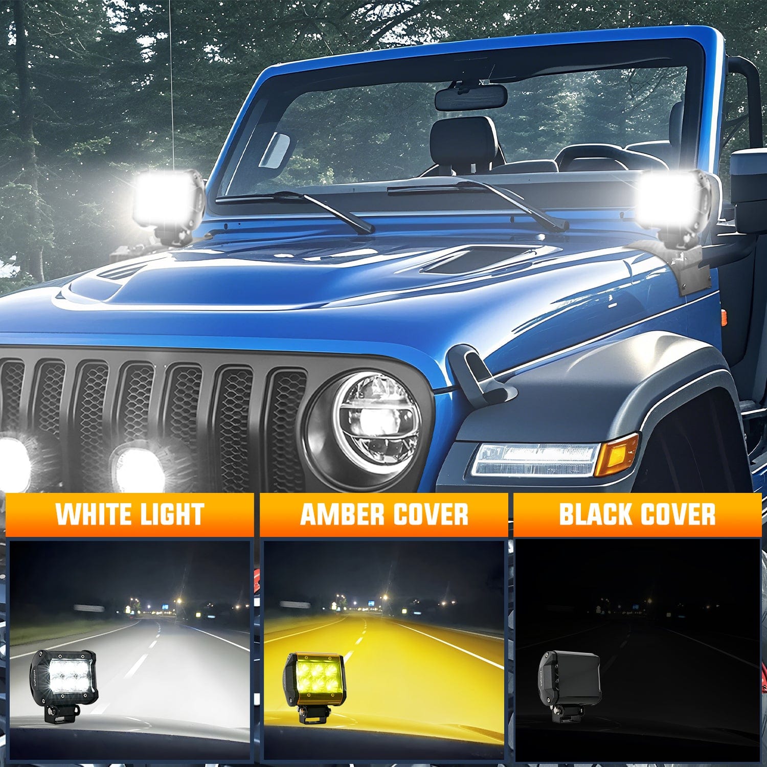 4 Inch 18W 1260LM LED Flood Light Pods with Amber/Black Covers - Waterproof Off-Road Lighting for Trucks, ATVs, UTVs, Boats & Marine Applications (Pair)