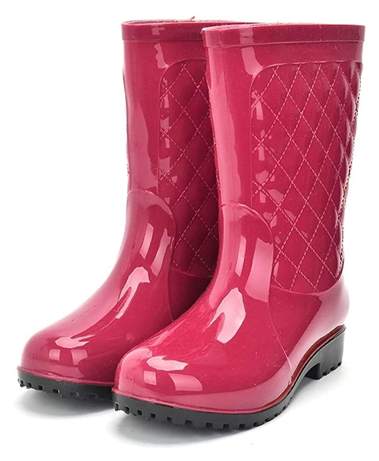 YUESFZ Women's Waterproof Rain Boots - Black Maroon Mid-Calf Garden Shoes, Anti-Slip Comfortable Lightweight Rain Boots for Walking, Hiking & Outdoor Activities (Size 38 EU)