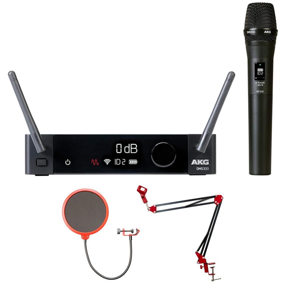 AKG Pro Audio DMS300 Digital Wireless Microphone System - Professional Vocal Mic Kit with Pop Filter & Boom Arm Stand for Live Performances, Podcasting & Studio Recording