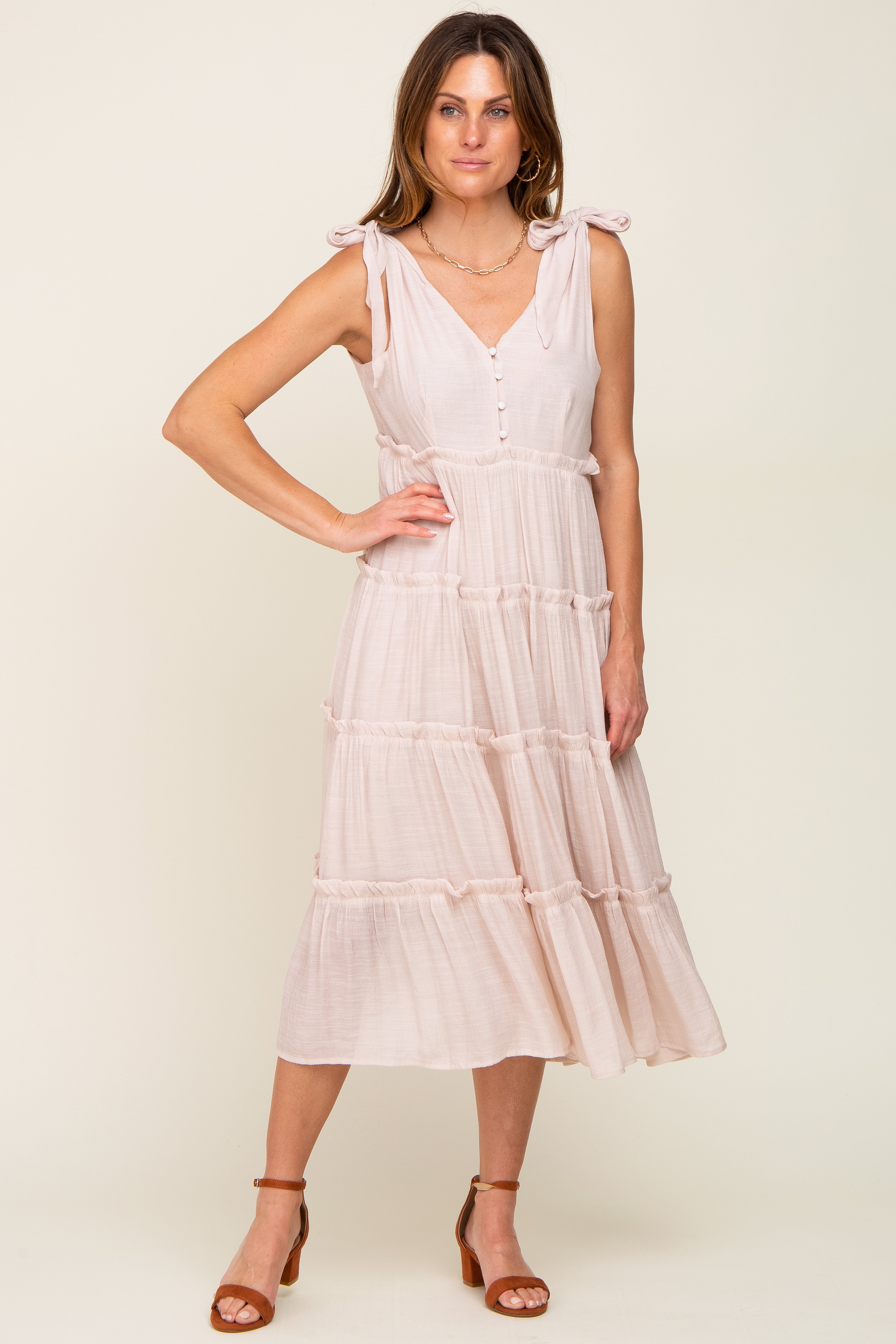 Beige Linen Maternity Dress with Button Front, Shoulder Tie & Tiered Skirt - Comfortable Mid-Length Pregnancy Dress for Baby Shower, Maternity Photo Shoot & Summer Outings