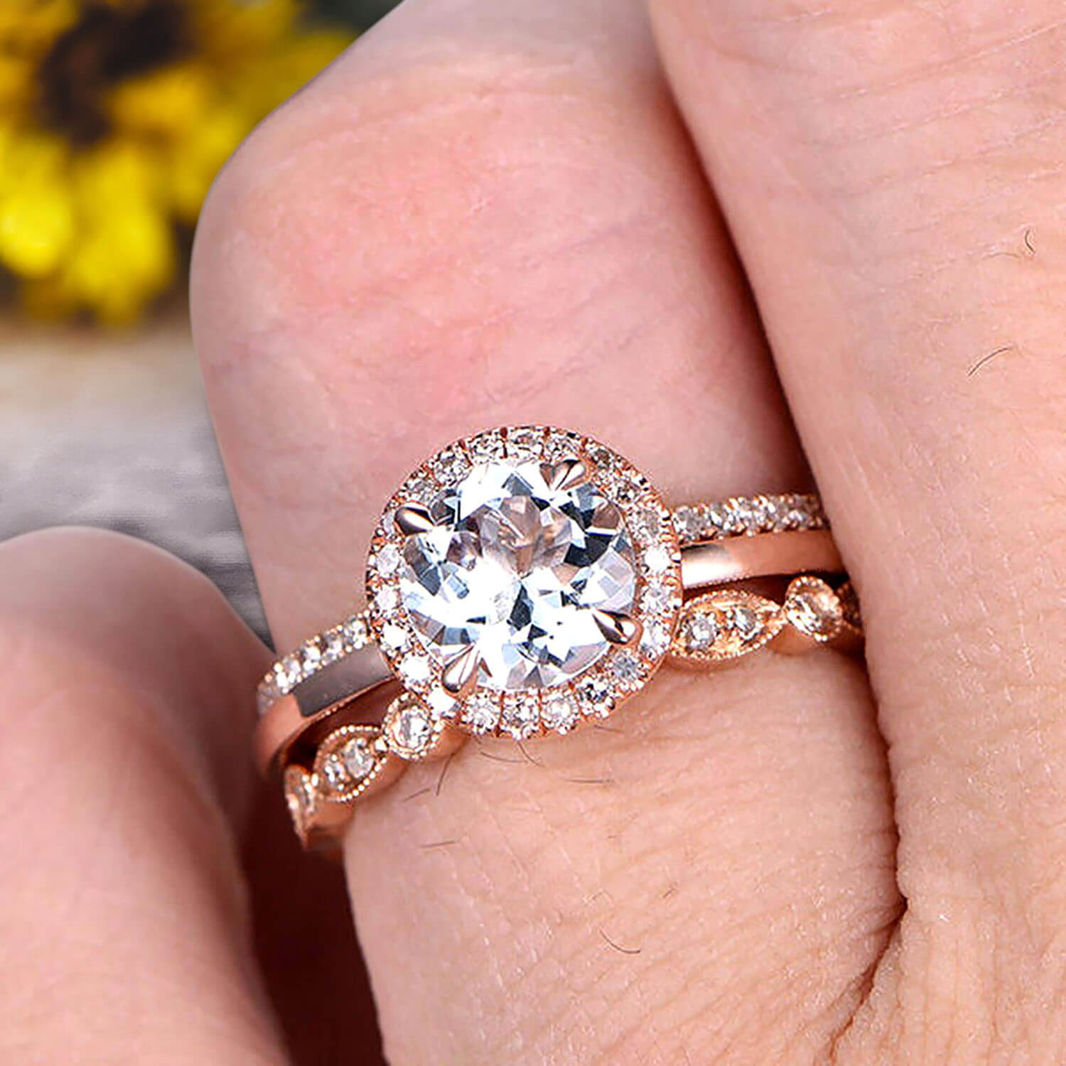 10K Rose Gold 1.75 Carat Round Cut Aquamarine Engagement Ring Set with Matching Wedding Bands & Moissanite Halo - Art Deco Style for Bridal Jewelry & Anniversary Gifts