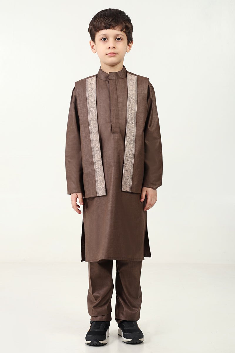 Boys' 3 Piece Brown Kurta Pant Set with Embroidered Sleeveless Jacket - Traditional Indian Outfit for Festivals, Weddings & Special Occasions