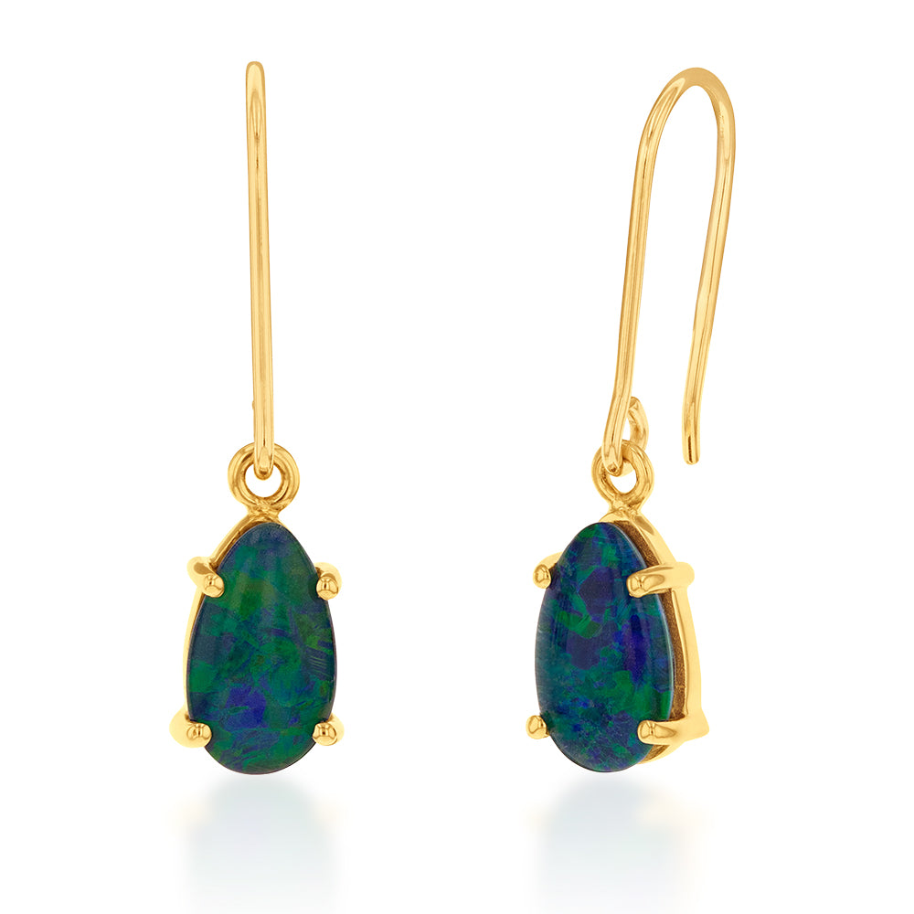 9ct Yellow Gold 10x7mm Triplet Opal Hook Drop Earrings for Women - Elegant Dangling Jewelry for Parties, Weddings & Special Occasions
