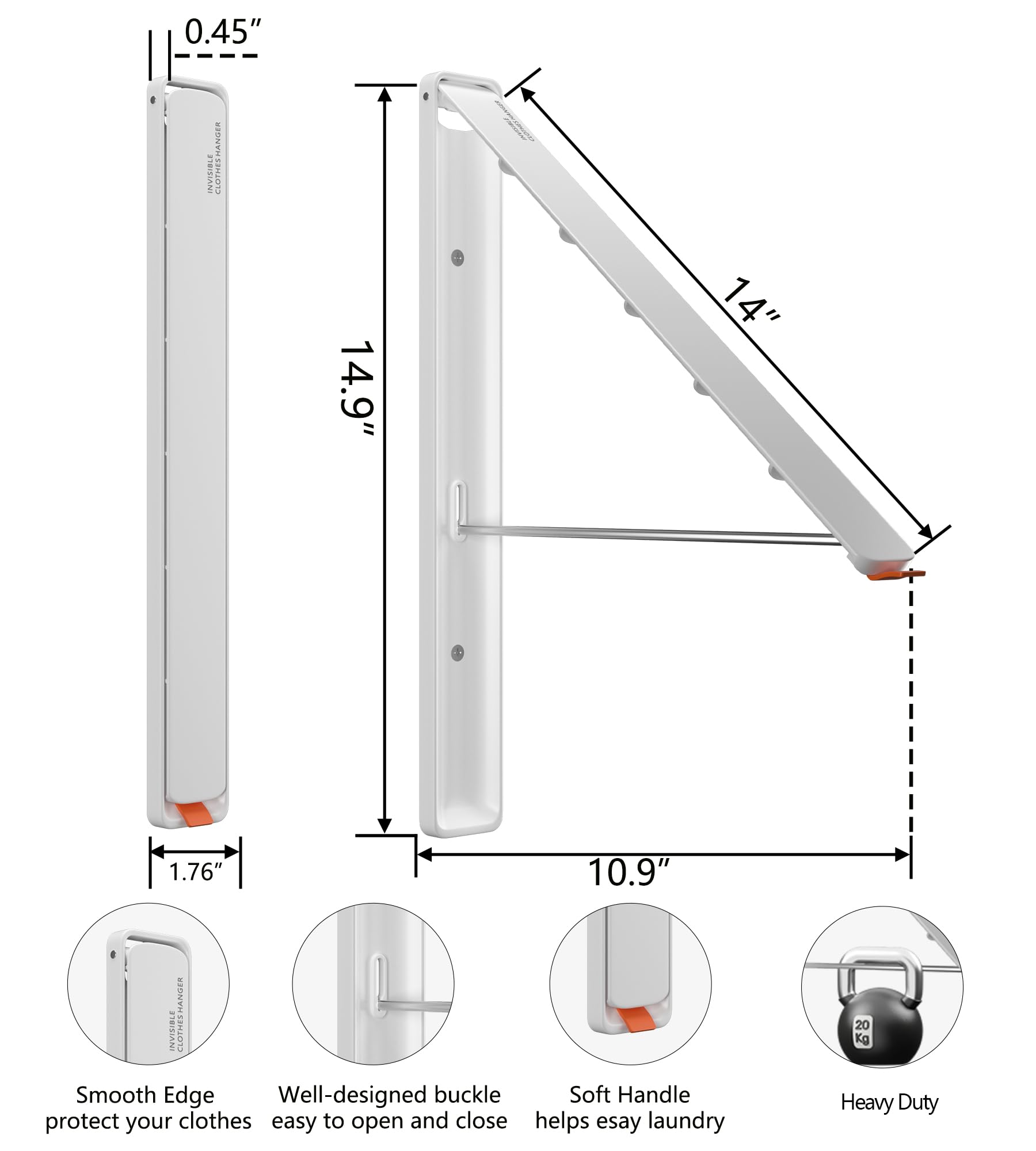Wall Mounted Retractable Foldable Clothes Drying Rack - Space Saving Laundry Organizer for Dorm, Closet, Balcony & Small Spaces (White Metal, 1 Pack) - Perfect for Apartments & Tight Spaces