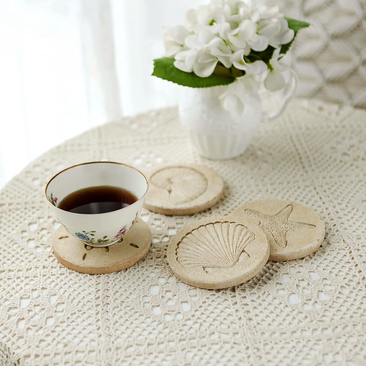 4-Pack Absorbent Nautical Beach Coasters with Cork Base - Marble Style Resin Starfish & Seashell Design - Perfect for Summer Drinks, Outdoor Parties & Housewarming Gifts (4