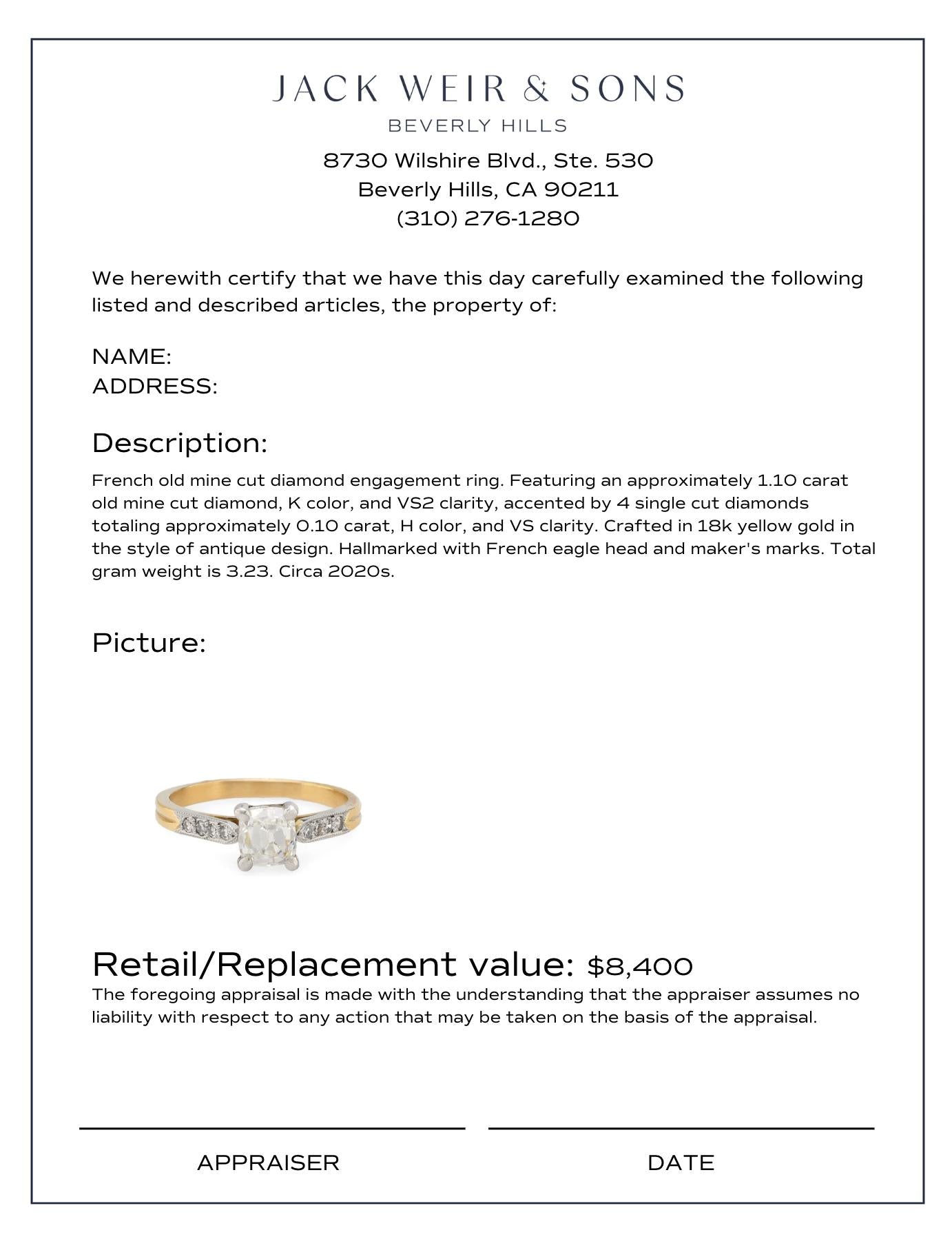 1.10 Carat Old Mine Cut Diamond Engagement Ring in 18K Yellow Gold – Vintage French Style for Proposals & Weddings
