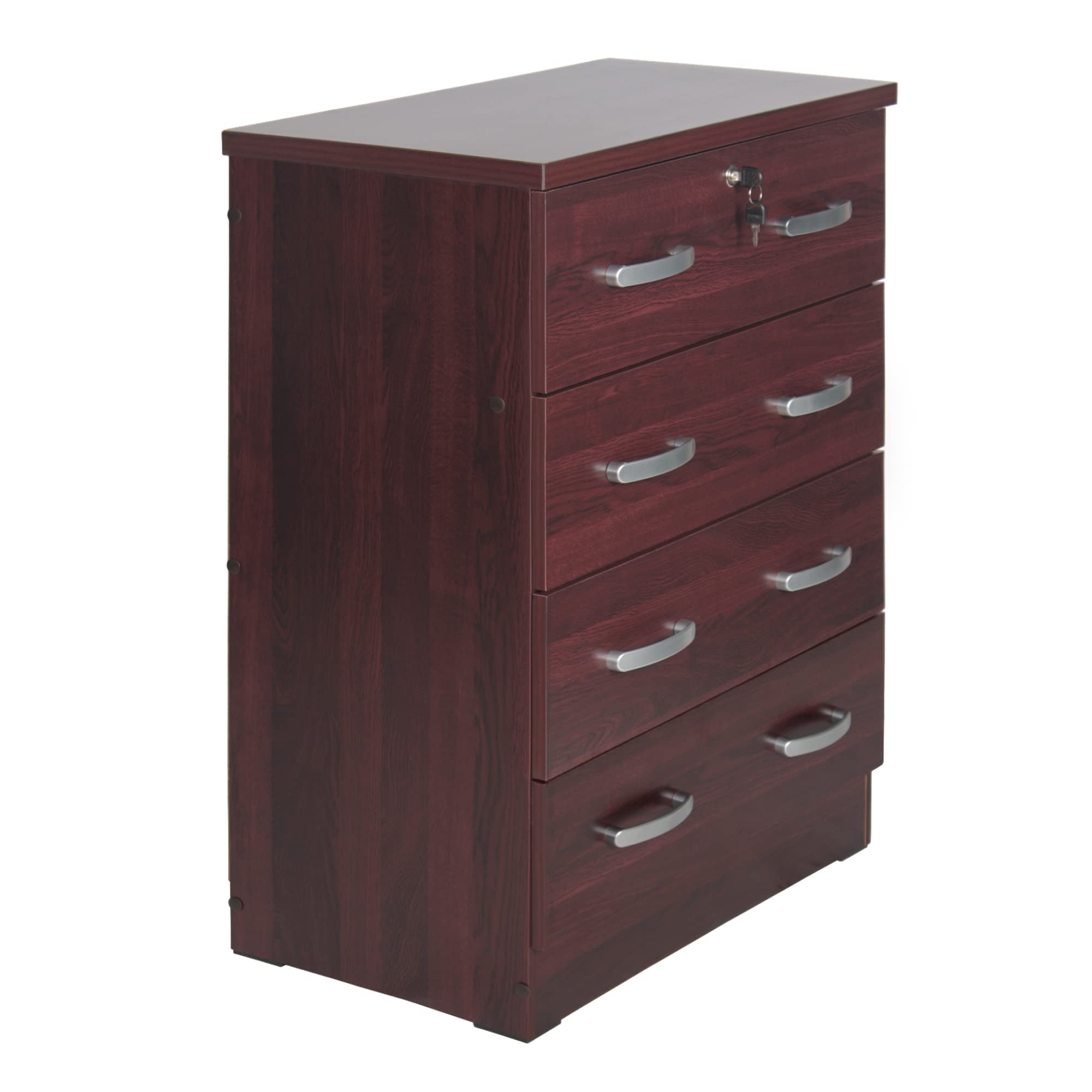 Better Home Products Cindy 4-Drawer Wooden Dresser with Lock - Solid Mahogany Chest for Bedroom Storage & Organization | Perfect for Master Bedroom, Guest Room, or Nursery Furniture