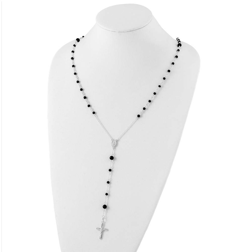 925 Sterling Silver Black Onyx Rosary Necklace for Women - Elegant Fine Jewelry Gift for Her, 33 Inch Chain - Perfect for Religious Occasions, Daily Wear & Special Gifts