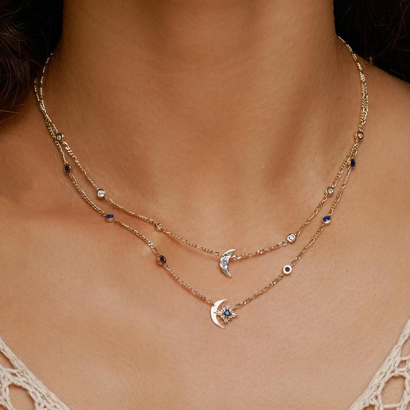 Moon and Star Charm Sapphire Starburst Necklace - Elegant Celestial Jewelry for Women | Perfect for Date Nights, Weddings & Special Occasions