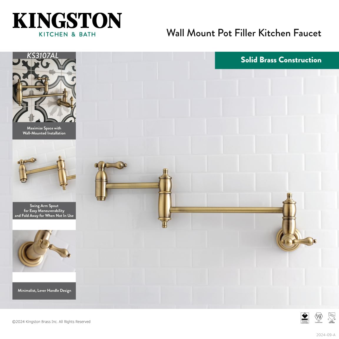 Kingston Brass KS3105AL 8-1/8-Inch Oil Rubbed Bronze Pot Filler Faucet - Wall Mounted Kitchen Sink Faucet for Cooking, Filling Pots & Watering Plants