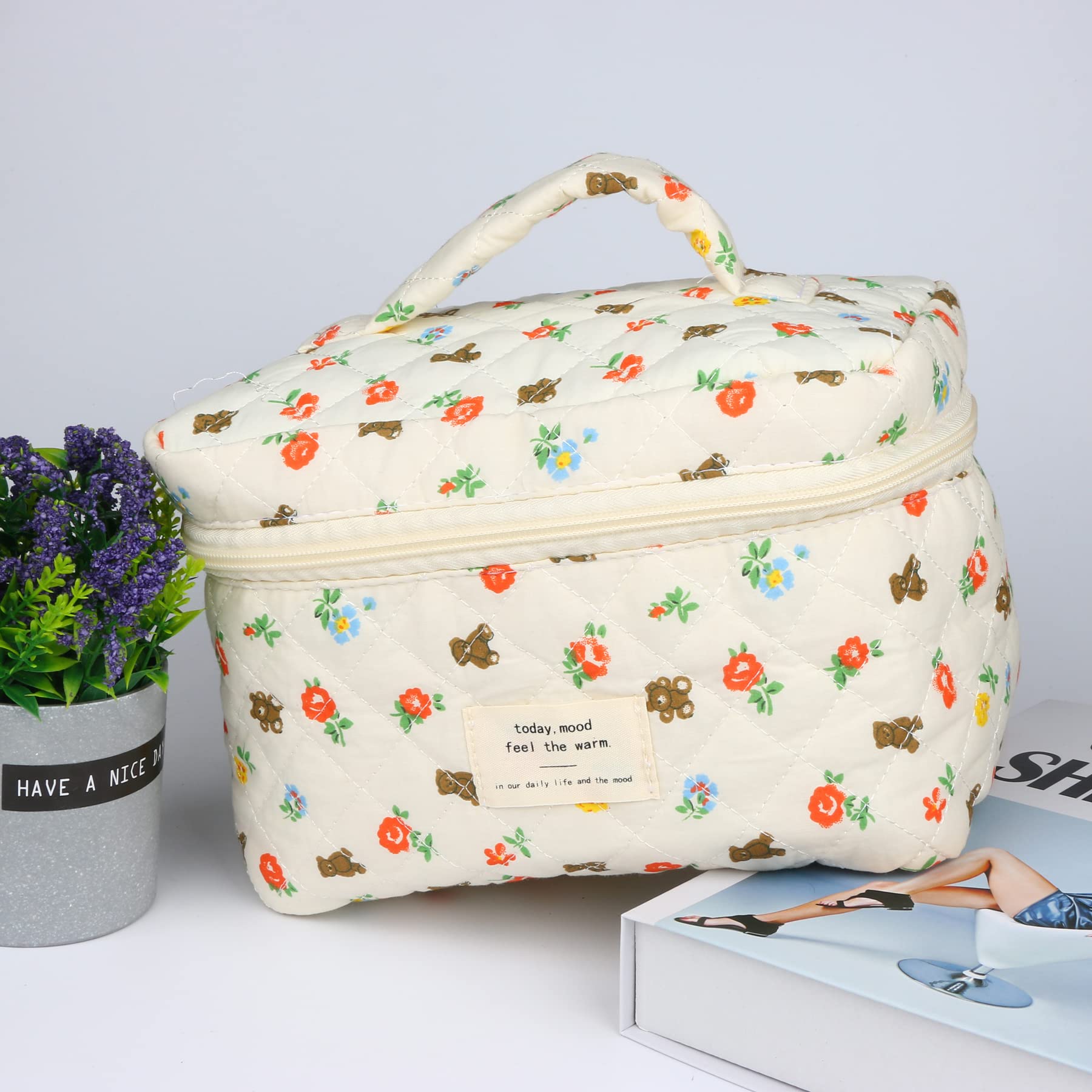 Floral Makeup Bag for Women - Cute Cosmetic Organizer with Bear Design, Travel Toiletry Storage Pouch, Perfect for Handbags & Purses (Big Size) | Ideal for Travel, Gym, and Daily Makeup Organization