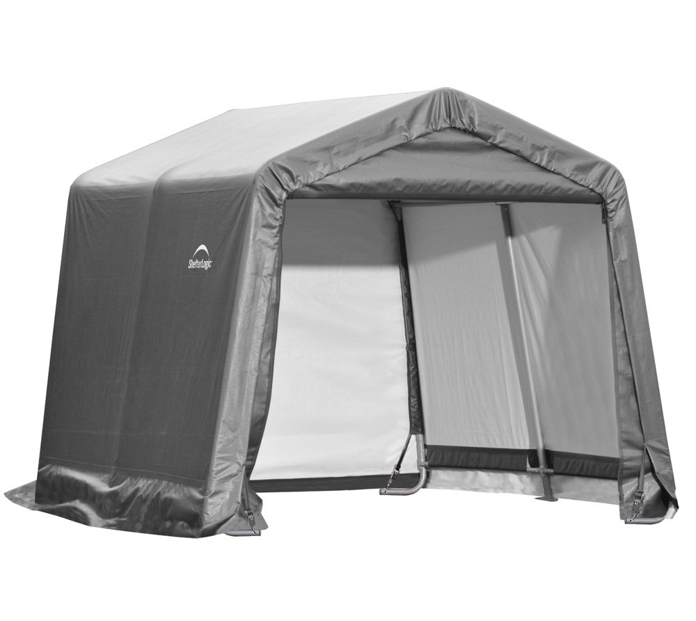 ShelterLogic 10' x 10' All-Season Steel Metal Storage Shed with Waterproof Cover - Heavy Duty Reusable Auger Anchors, Grey - Perfect for Backyard, Garden, Patio & Outdoor Equipment Storage