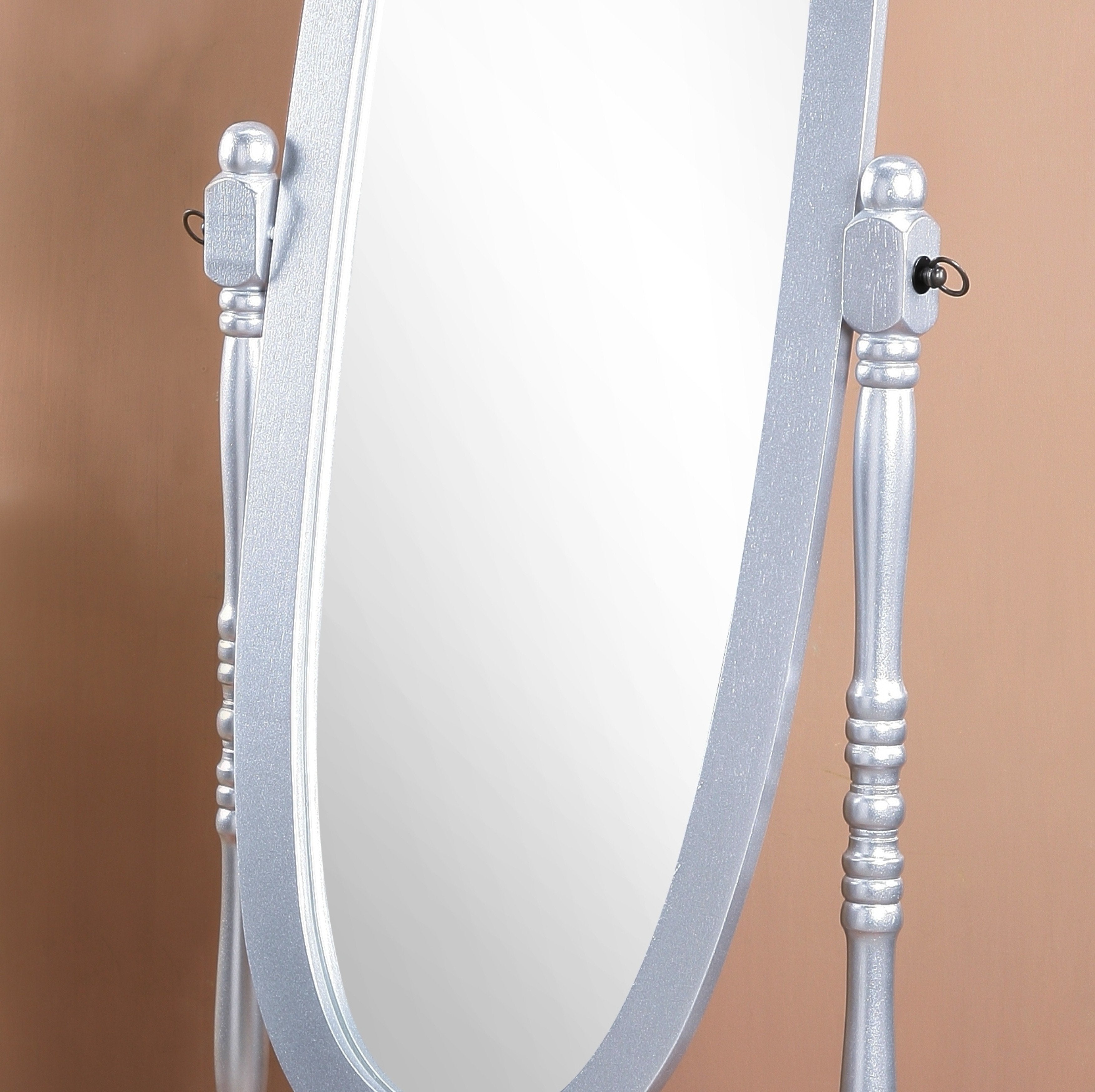 Roundhill Furniture Traditional Queen Anne Style Wood Floor Cheval Mirror with Silver Finish - Elegant Full-Length Mirror for Bedroom, Living Room, or Dressing Area