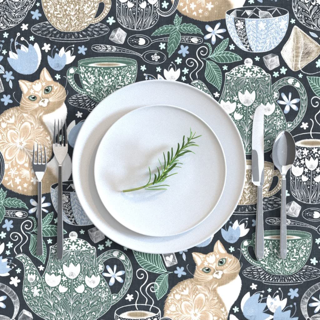 Whimsical Botanical Teapot & Teacups Printed Cotton Sateen Tablecloth - 70