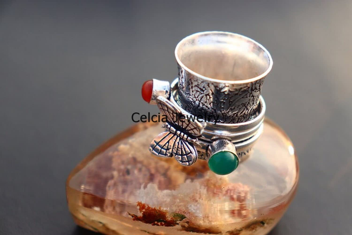 Green Onyx & Red Onyx Multi-Gemstone Butterfly Spinner Ring - 925 Sterling Silver Meditation & Anxiety Relief Fidget Ring - Size 7 - Perfect for Stress Relief, Mindfulness Practice & Fashion Jewelry