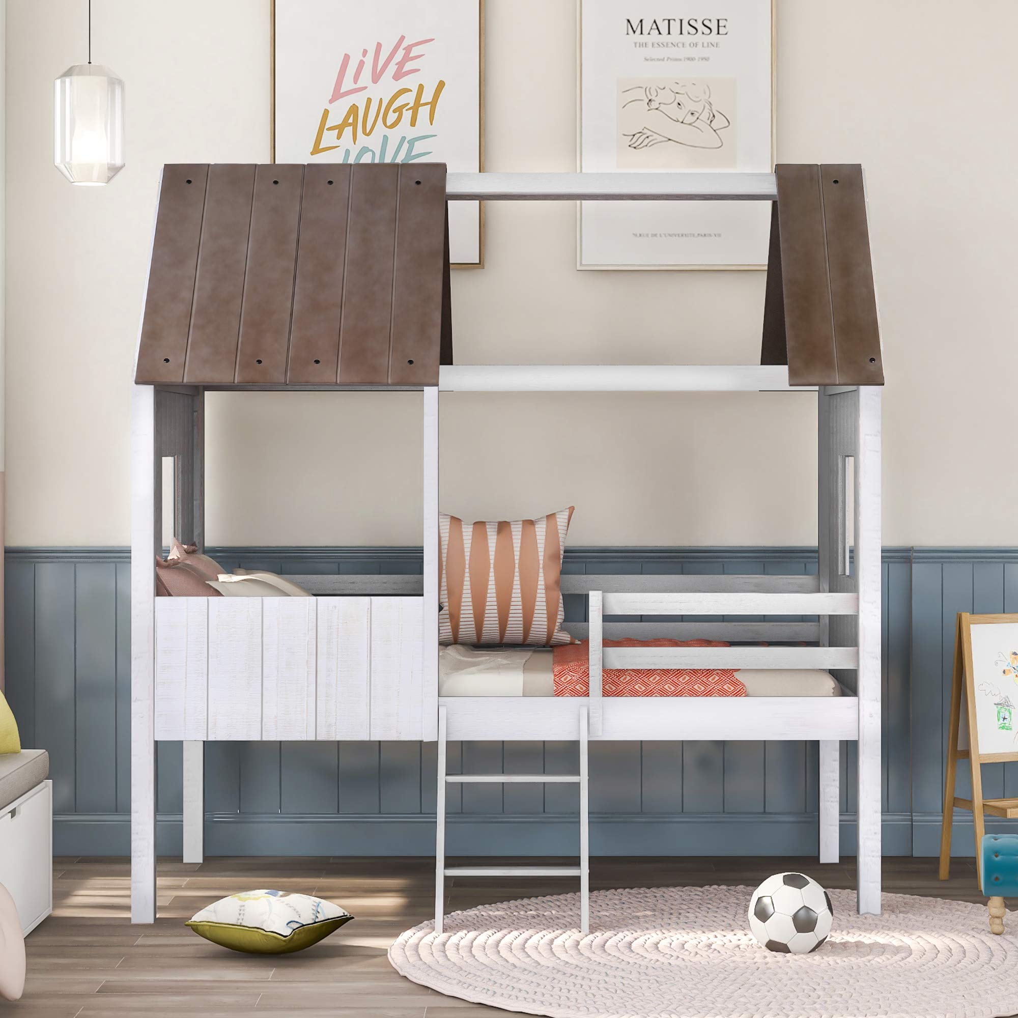 **Twin Size Low Loft Bed for Kids - Wooden House Bed Frame with Side Windows, Roof & Full-Length Safety Rails - Sturdy Ladder Included (Antique White) - Perfect for Small Bedrooms, Playrooms & Sleepovers**
